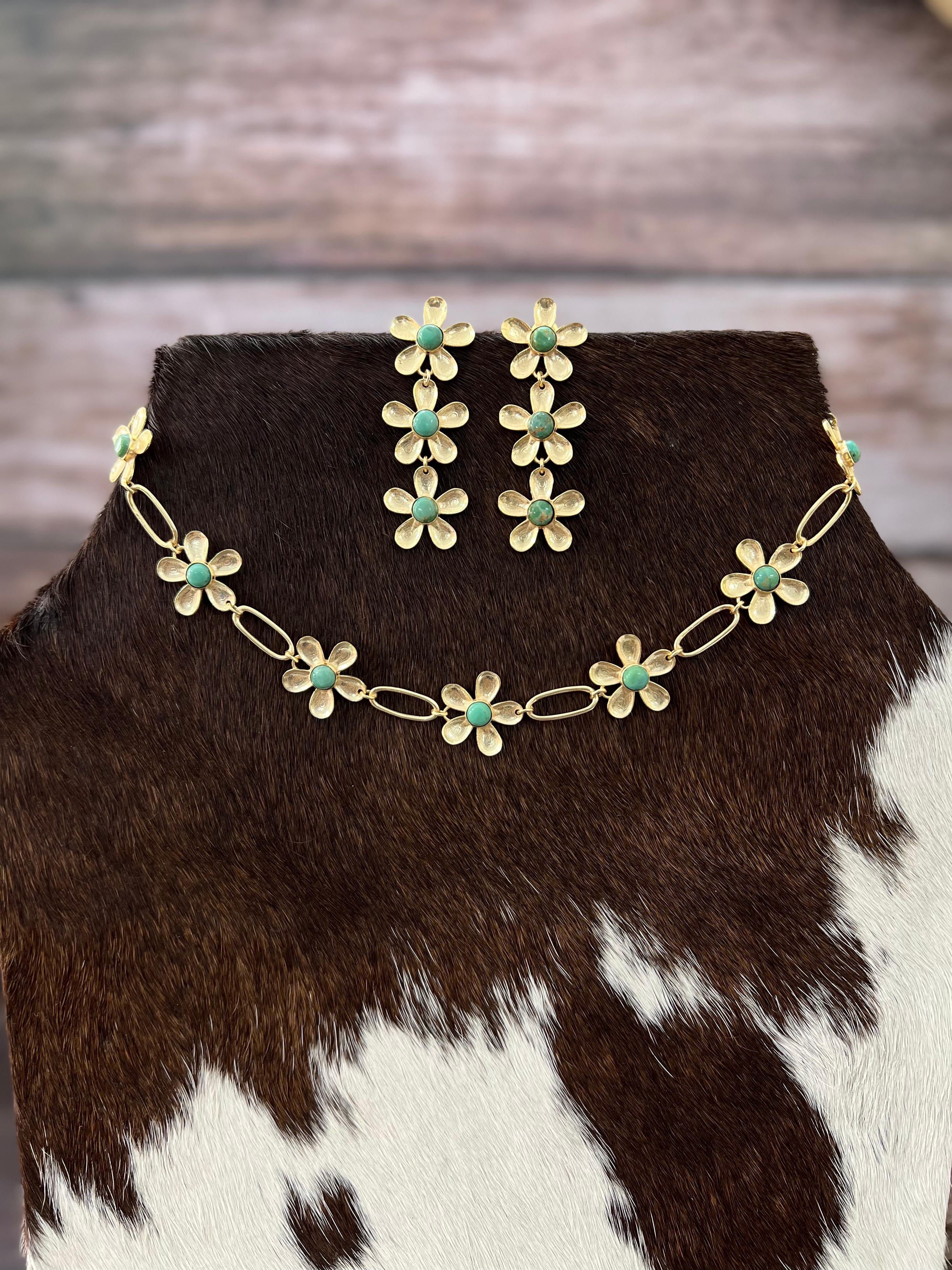 "THE GOLDEN COLLECTION" Handmade Natural Kingman Turquoise Gold Plated Daisy SET Necklace Earrings Set