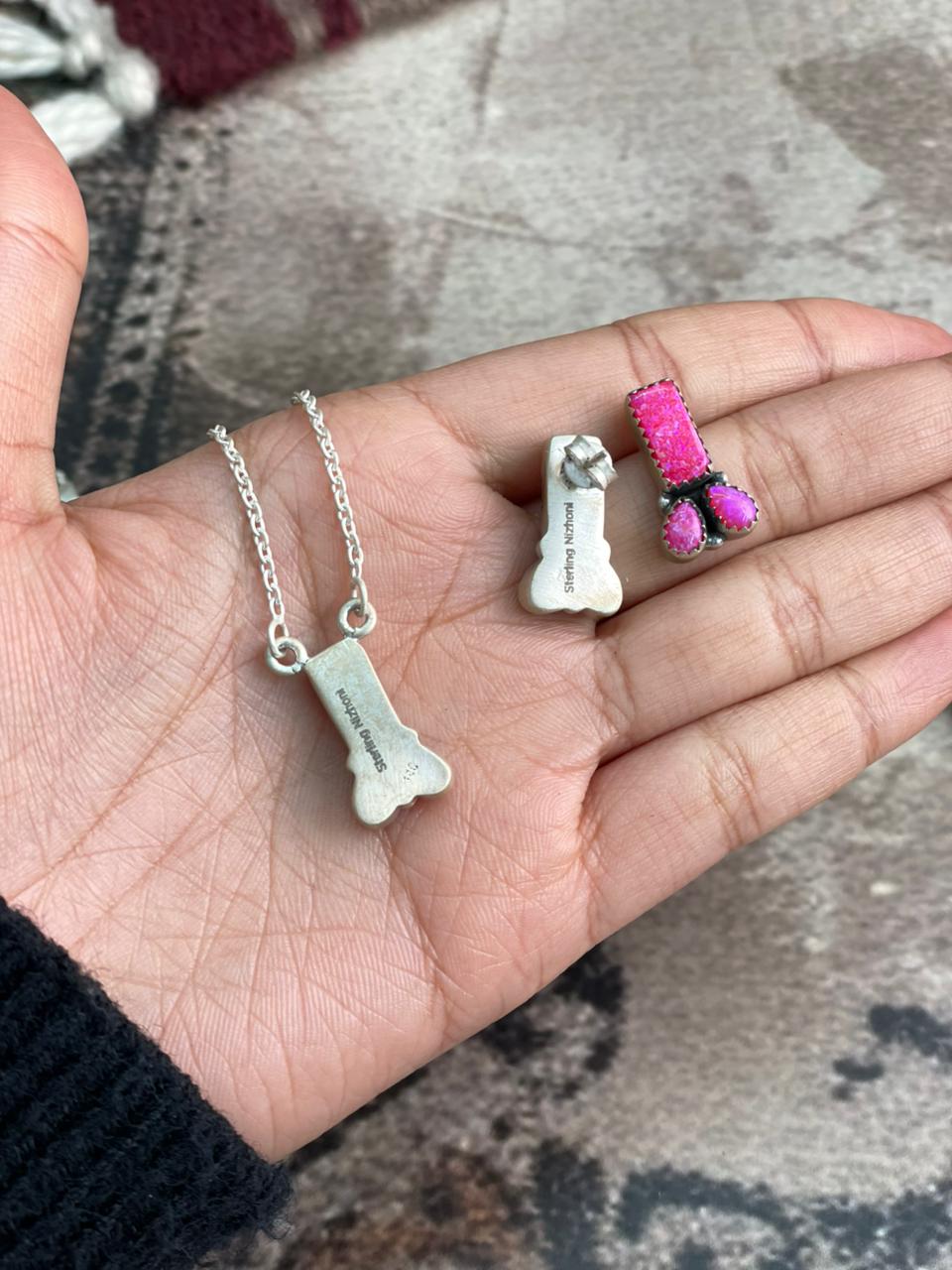 Handmade Sterling Silver Hot Pink Necklace Earrings Set "Signed Nizhoni"