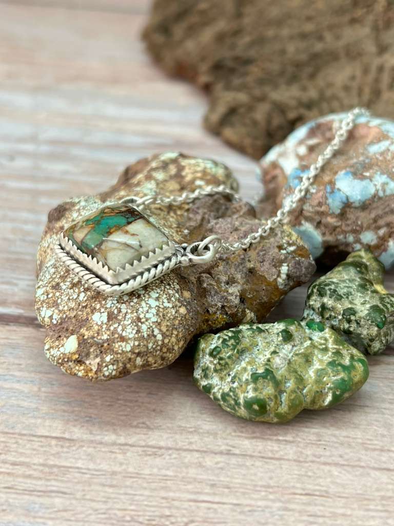 Handmade Sterling Silver Royston Ribbon Turquoise Necklace with Signed Nizhoni