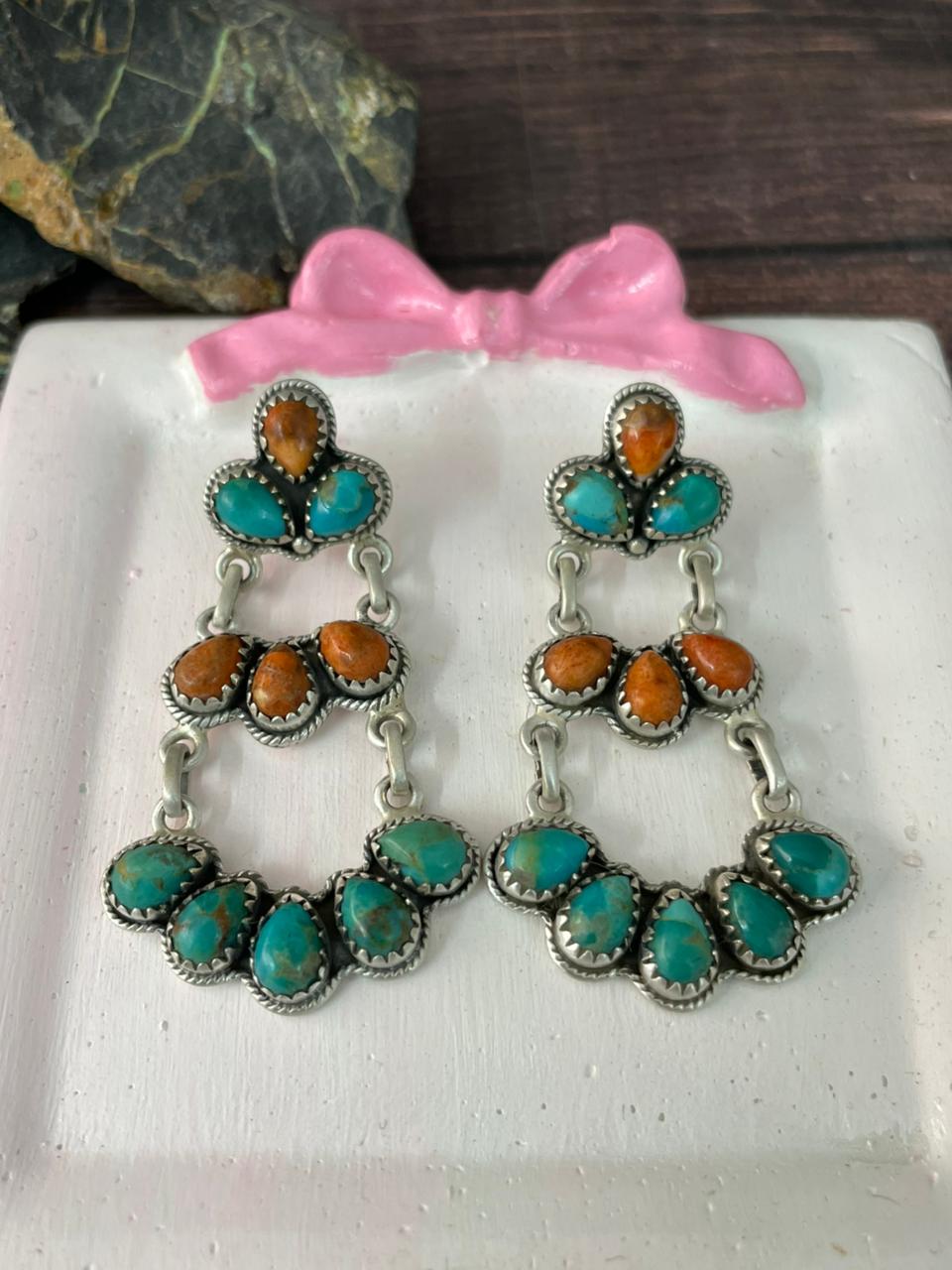 Handmade Sterling Silver Kingman Turquosie with Orange Mojave Post Dangle Earrings "Signed Nizhoni"
