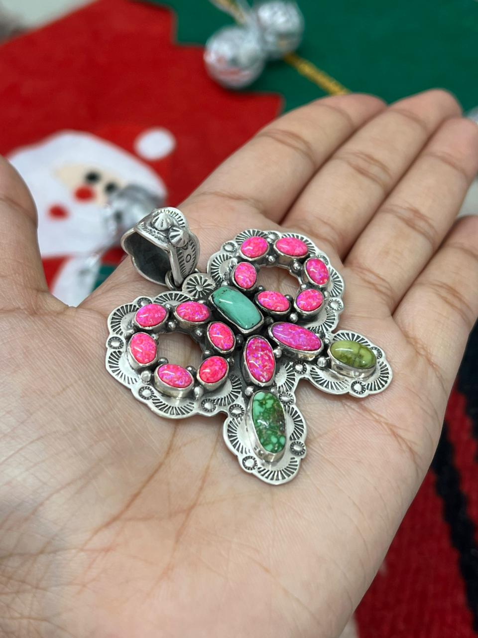 "Christmas Collection" Handmade Sterling Silver Hot Pink with Sonoran Mountain Turquoise Pendant "Signed Nizhoni"
