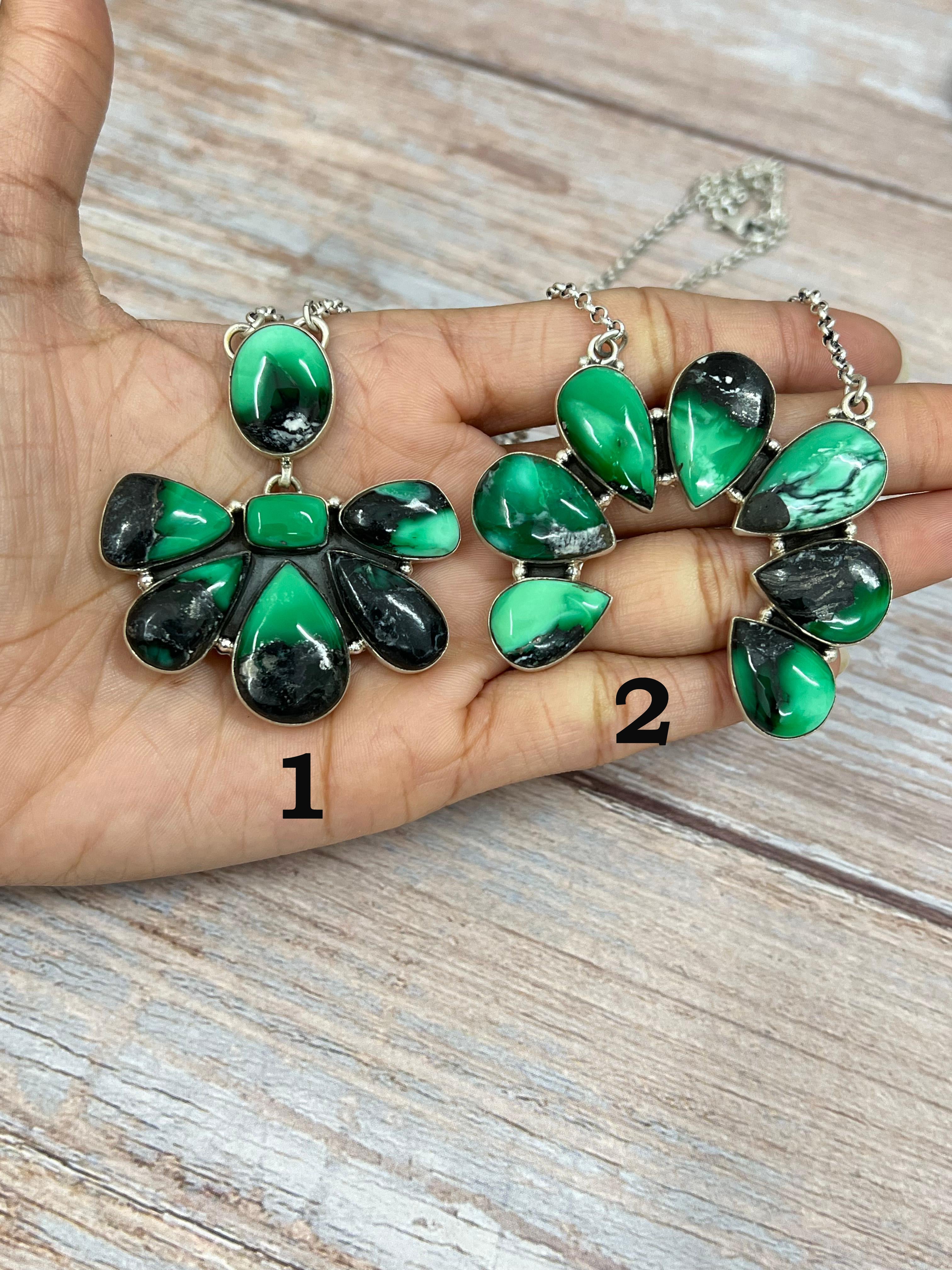 Handmade Sterling Silver Emerald Rose Necklace with Signed Nizhoni