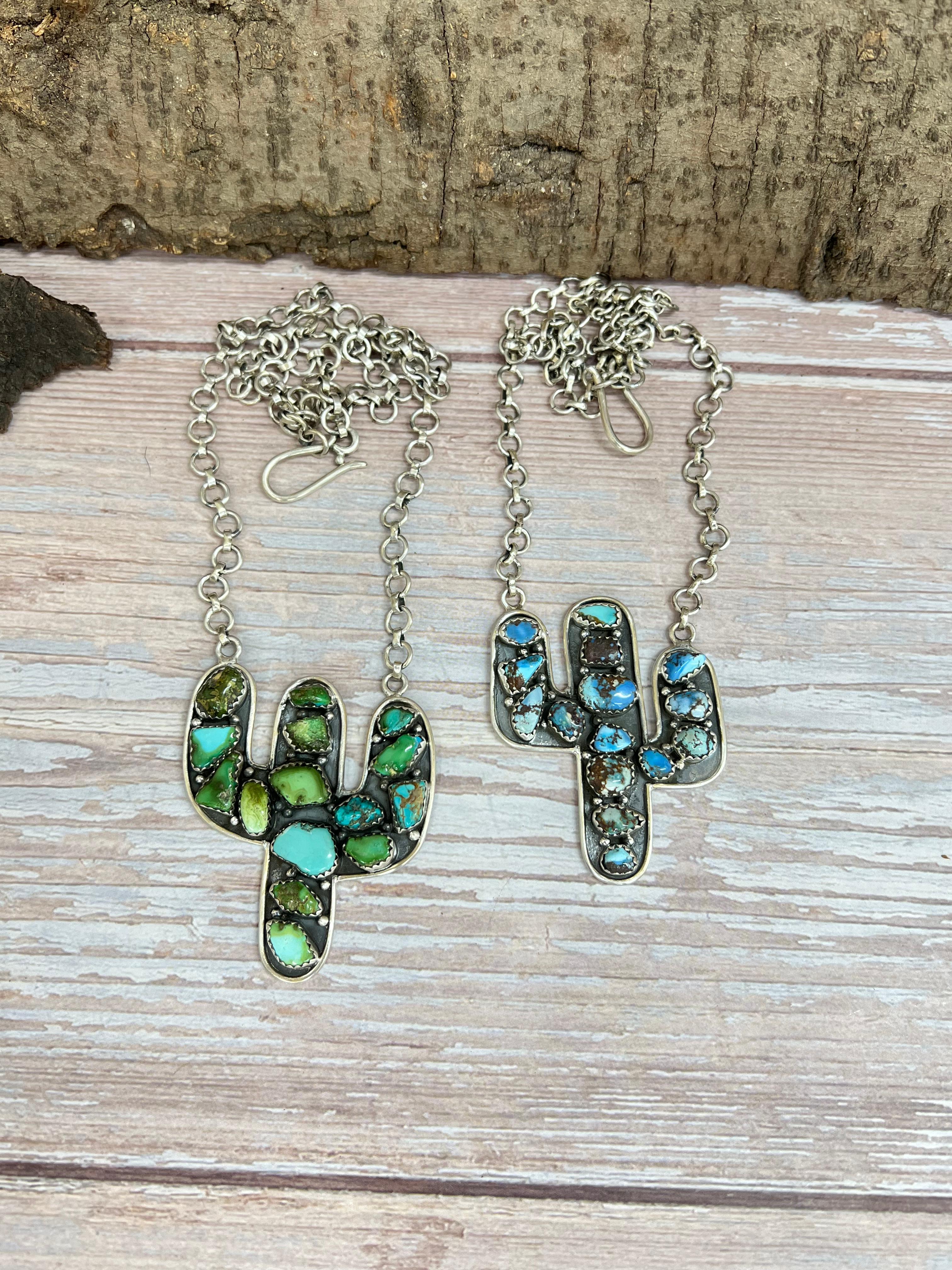 Handmade Sterling Silver Golden Hill Turquoise, Sonoran Cactus Necklace with Signed Nizhoni