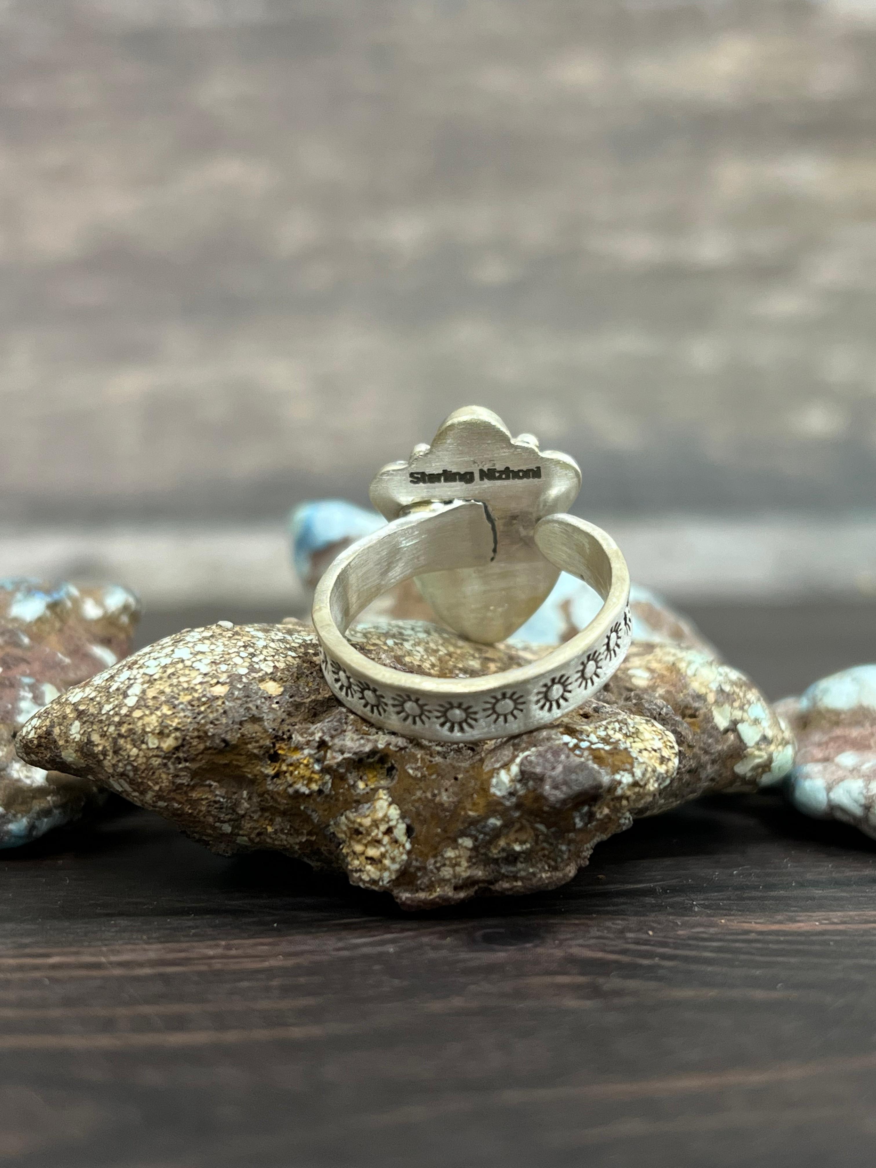 Handmade Sterling Silver with Golden Hills Turquoise Adjustable Ring With Signed Nizhoni