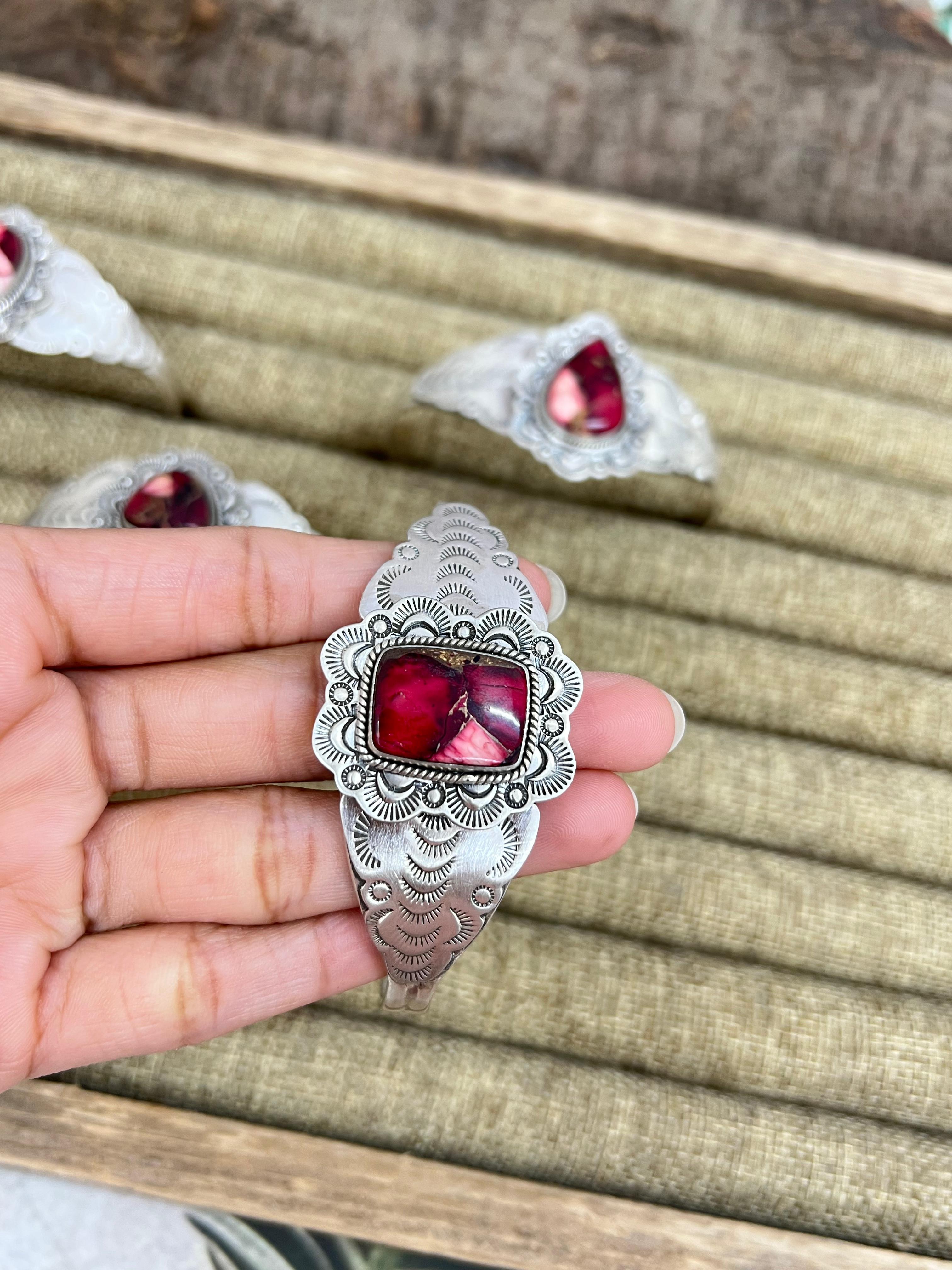 Handmade Sterling Silver Dahlia Rose Cuff Bracelet with Signed Nizhoni