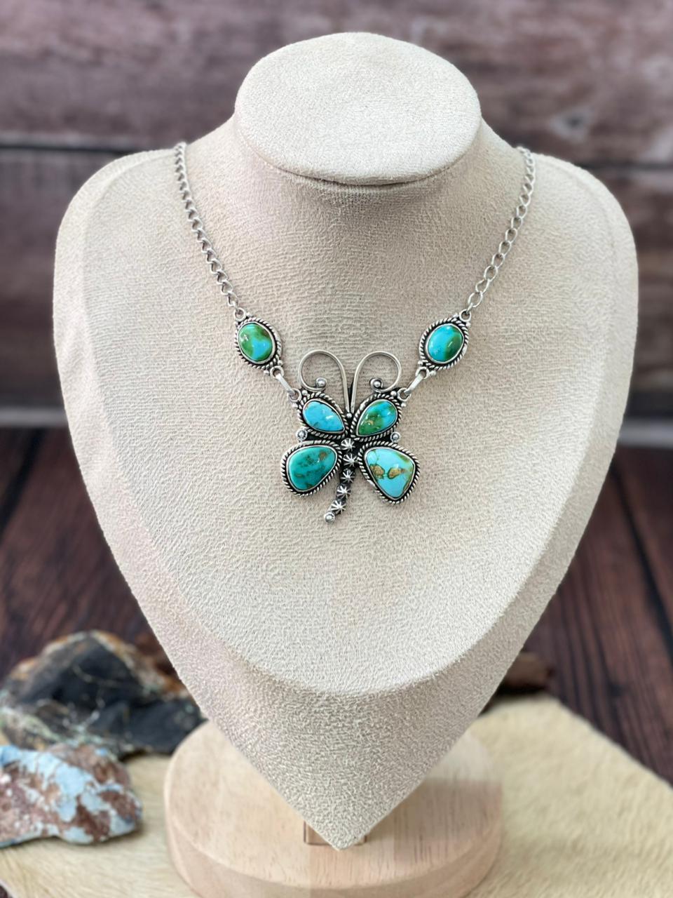 Handmade Sterling Silver Sonoran Mountain Turquoise Butterfly Necklace "Signed Nizhoni"