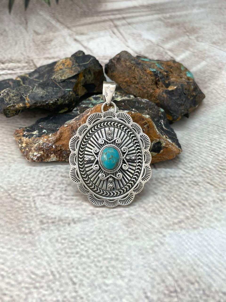 Handmade Sterling Silver Kingman Turquoise Pendant "Signed Nizhoni"