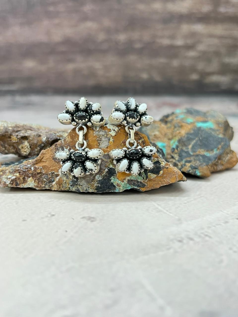 Handmade Sterling Silver White Buffalo Post Earrings "Signed Nizhoni"