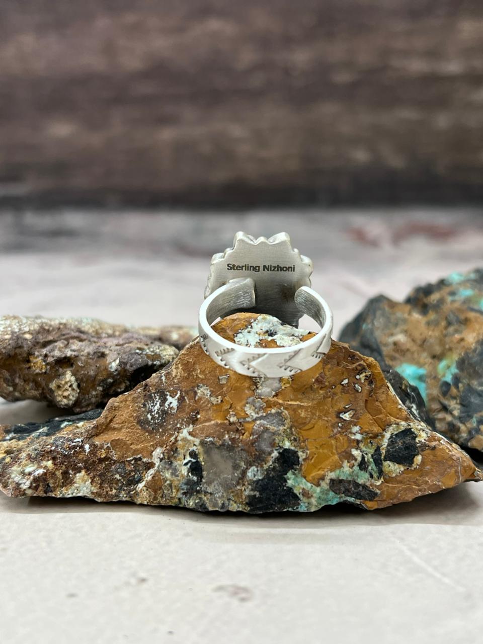 Handmade Sterling Silver White Buffalo Turquoise Adjustable Ring "Signed Nizhoni"