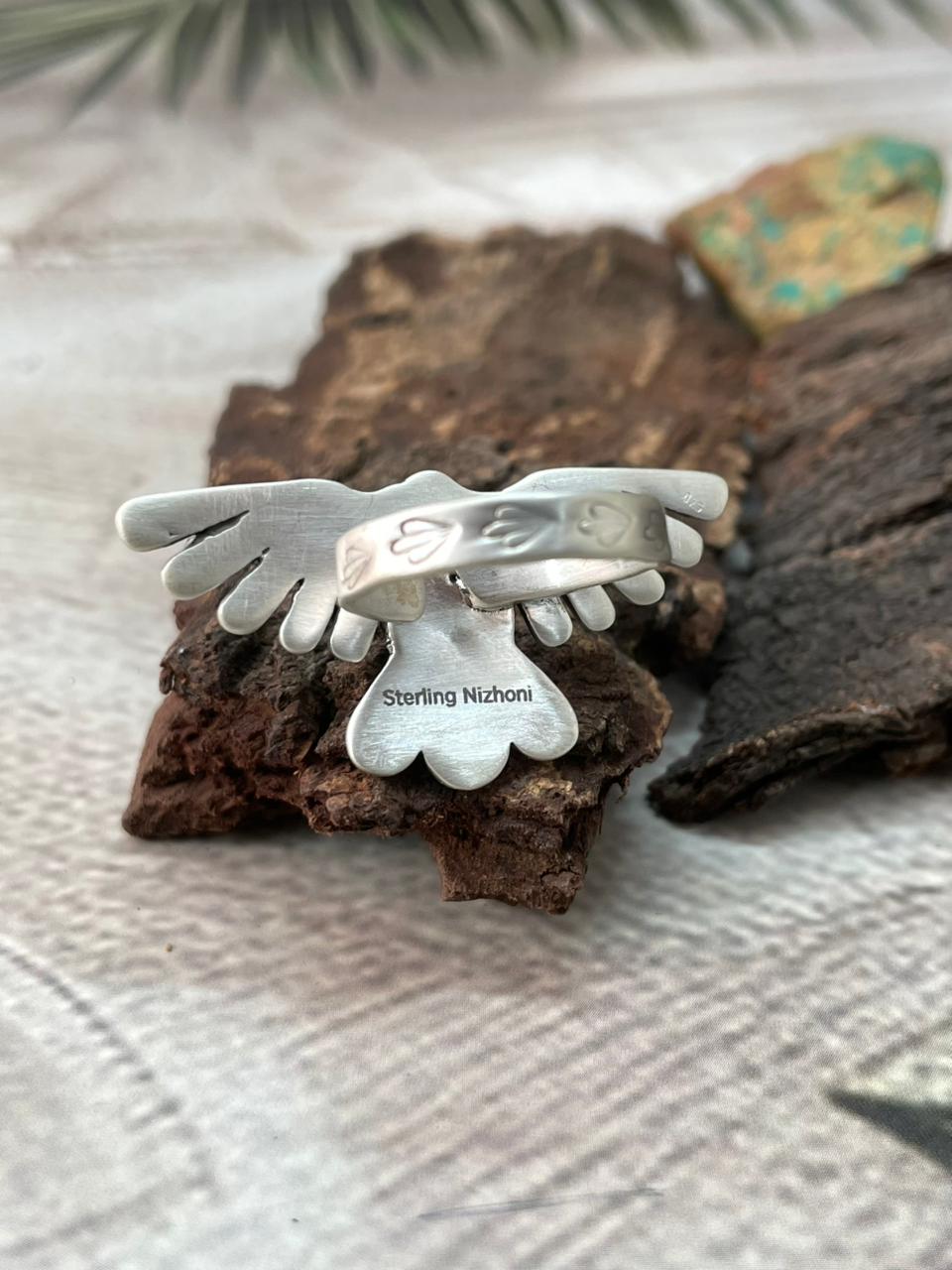 Handmade Sterling Silver Kingman Turquoise Adjustable Thunder Bird Ring "Signed Nizhoni"
