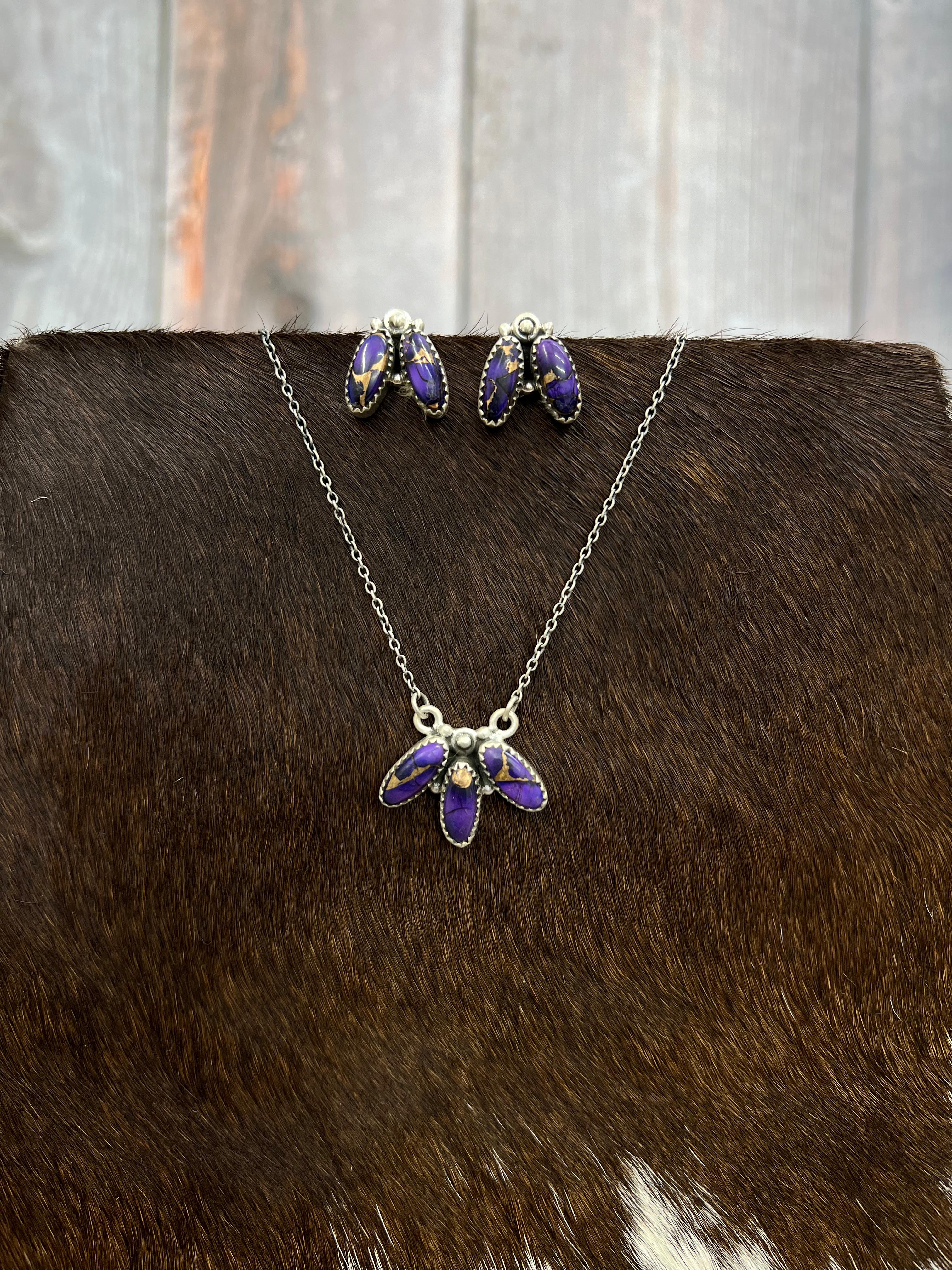 Handmade Sterling Silver Grape Dahlia Necklace Earrings Set, Signed Nizhoni