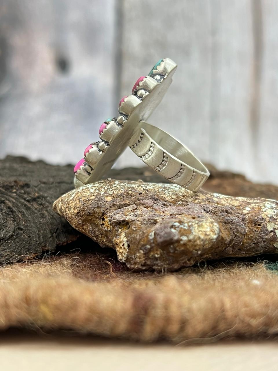 Handmade Sterling Silver Cotton Candy Turquoise Adjustable Ring with Signed Nizhoni