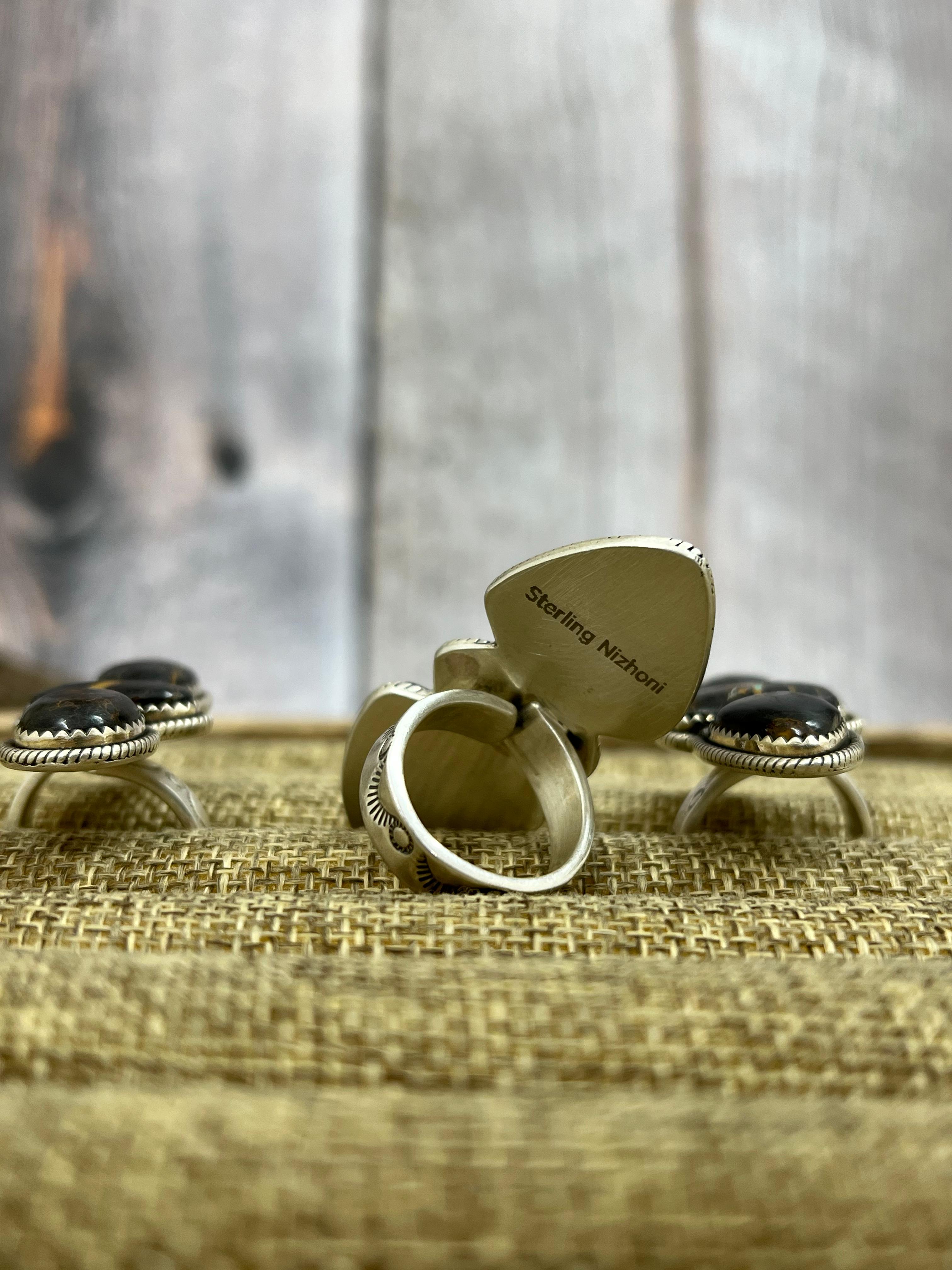 Handmade Sterling Silver Black Jack Adjustable Ring with Signed Nizhoni