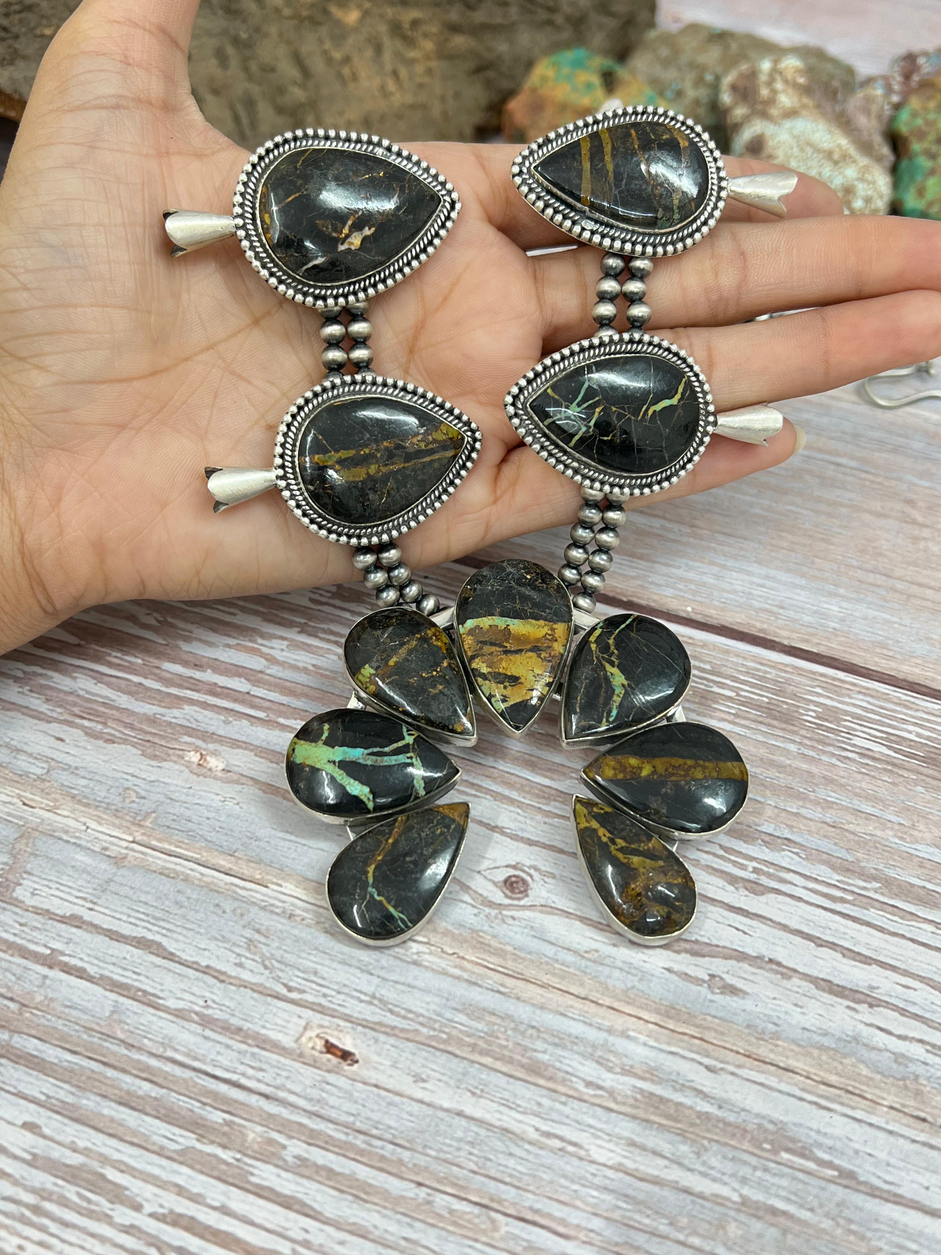 Handmade Sterling Silver Black Jack Beaded Squash Blossom Necklace with Signed Nizhoni