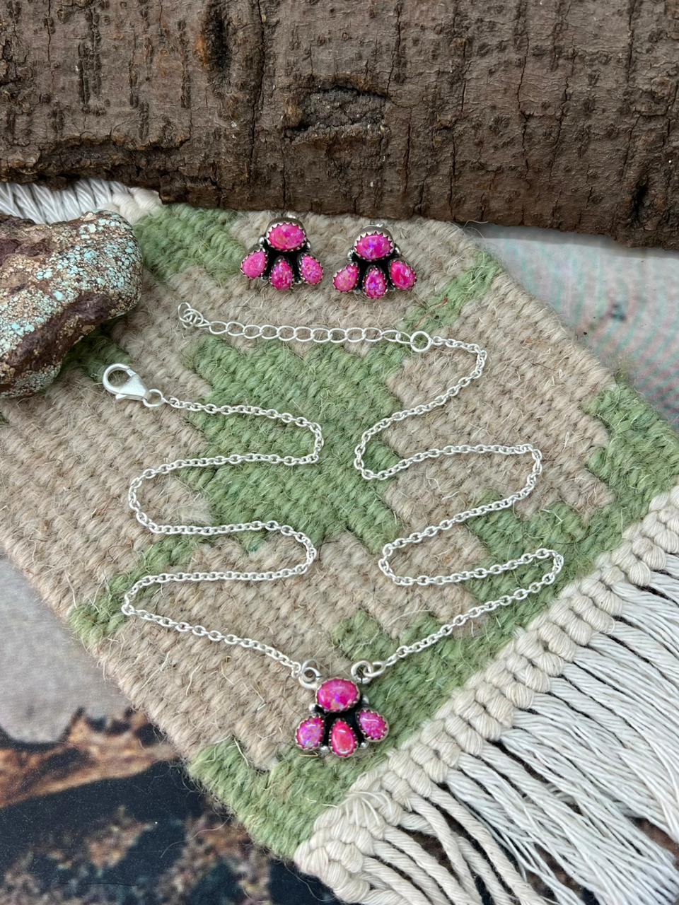 Handmade Sterling Silver Hot Pink Heart Necklace Earrings Set "Signed Nizhoni"