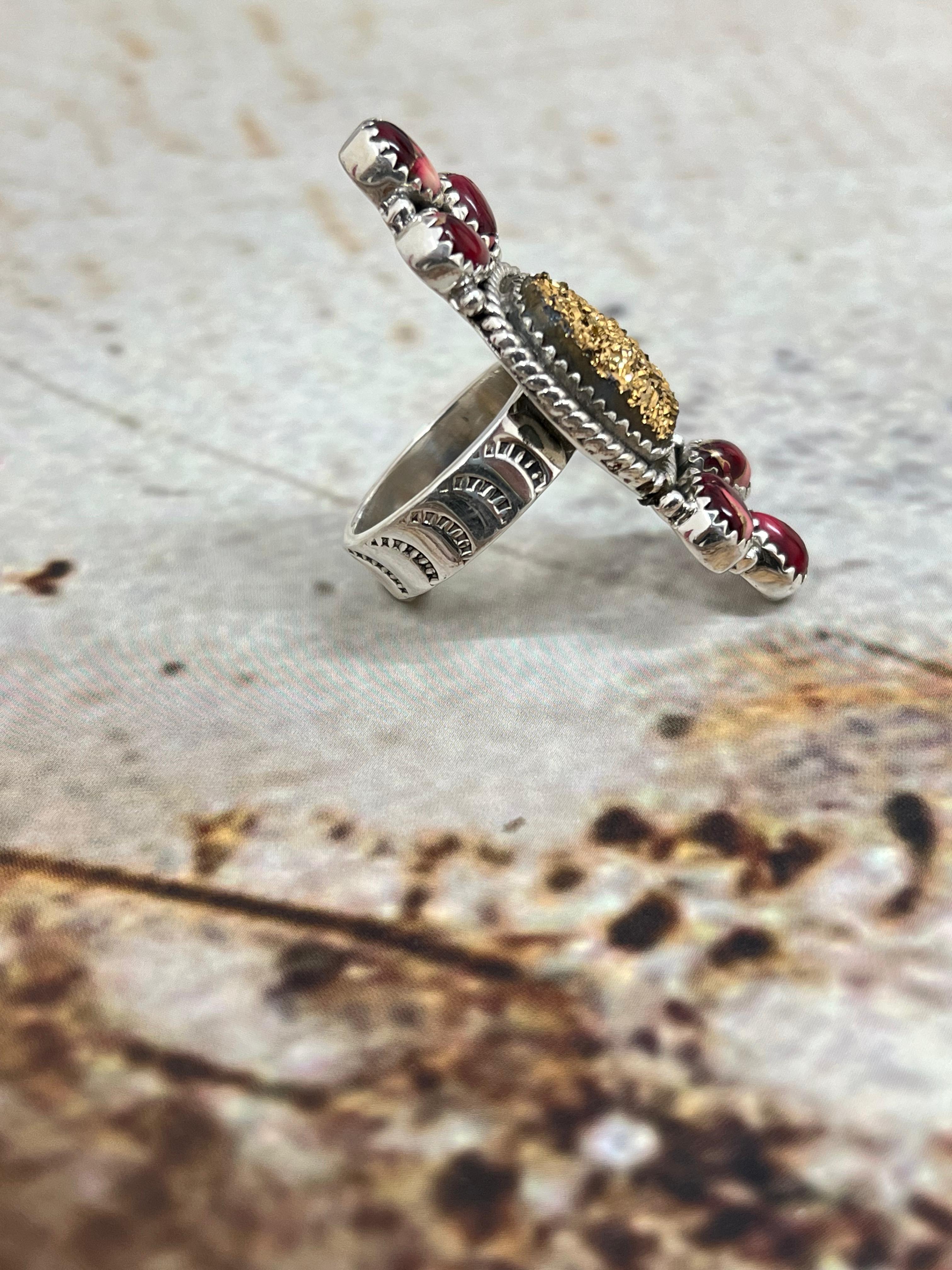 Handmade Sterling Silver Dahlia Rose with Druzy Adjustable Ring, Signed Nizhoni (8)