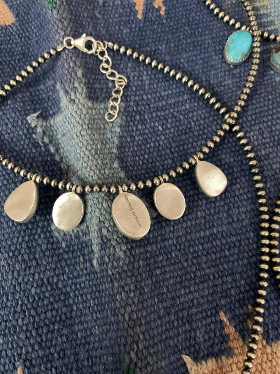 Handmade Sterling Silver Blue Kingman Turquoise Beaded Necklace "Signed Nizhoni"