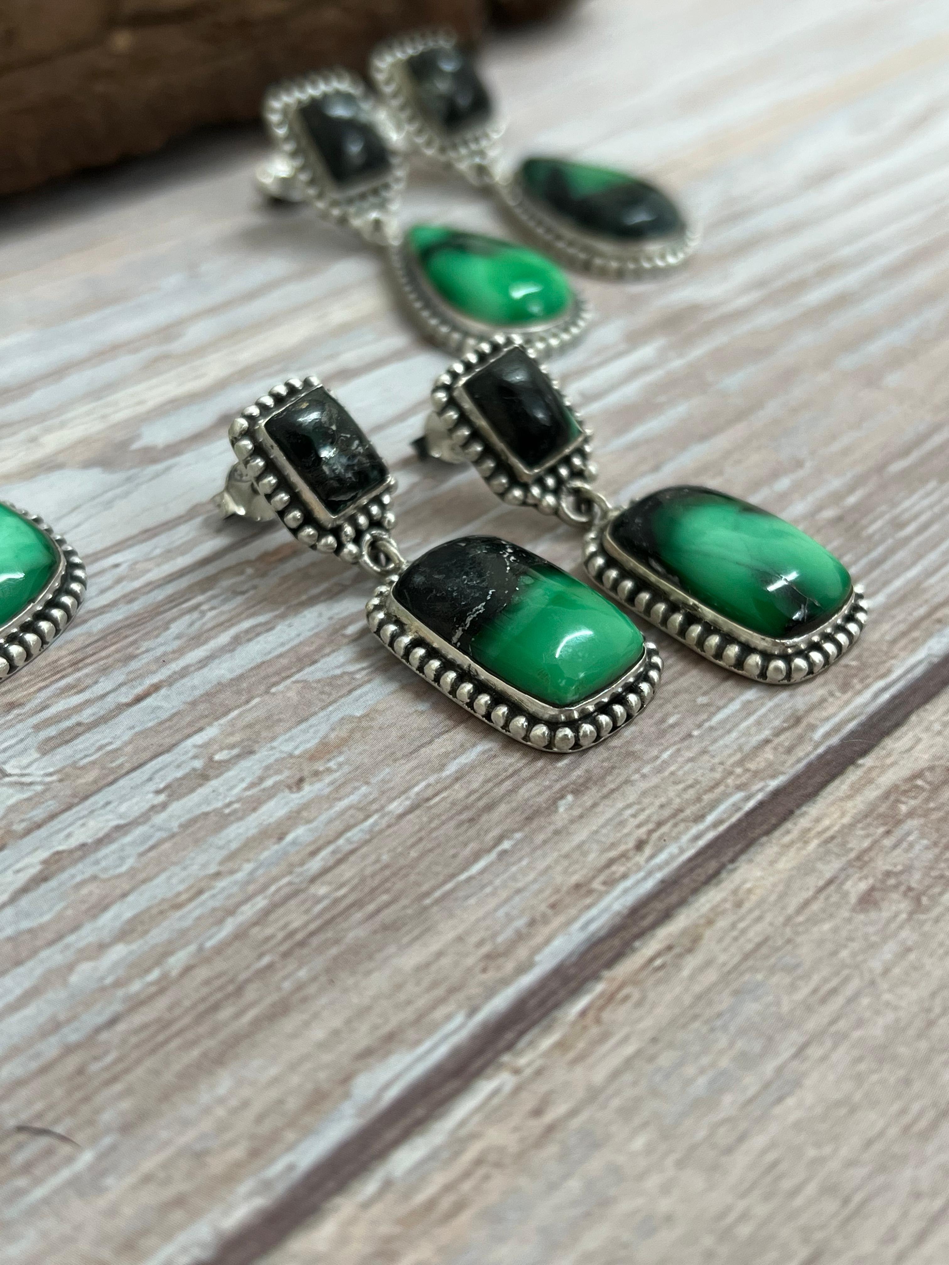 Handmade Sterling Silver Emerald Rose Post Dangle Earrings with Signed Nizhoni