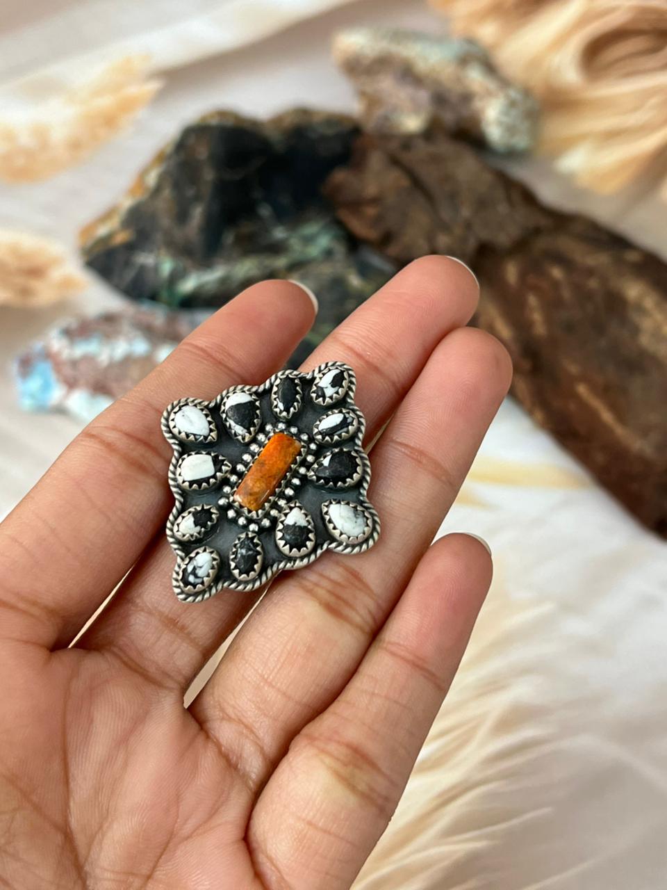 Handmade Sterling Silver White Buffalo with Orange Mojave Adjustable Ring "Signed Nizhoni"
