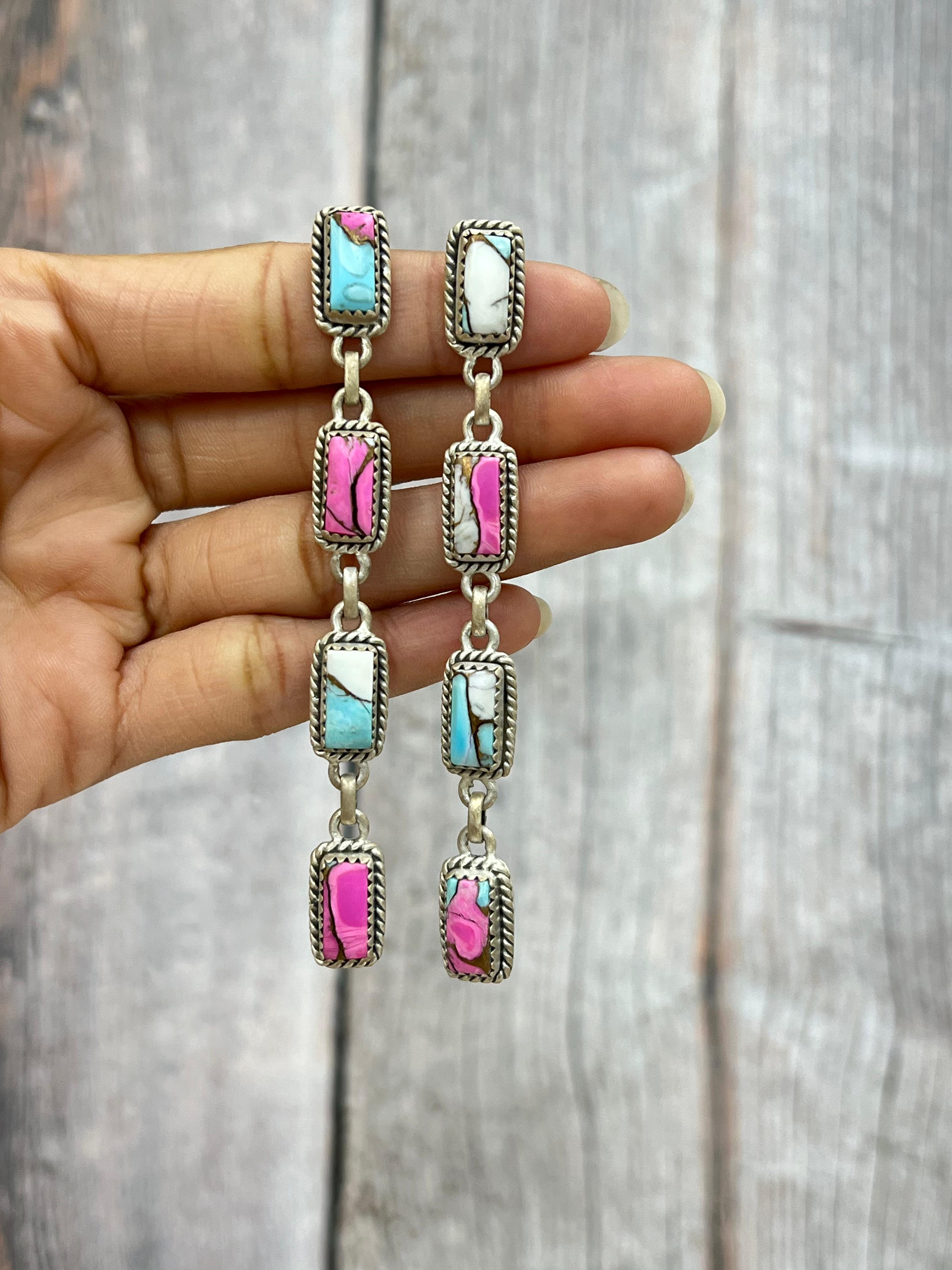 Handmade Sterling Silver Cotton Candy Turquoise Post Earrings with Signed Nizhoni