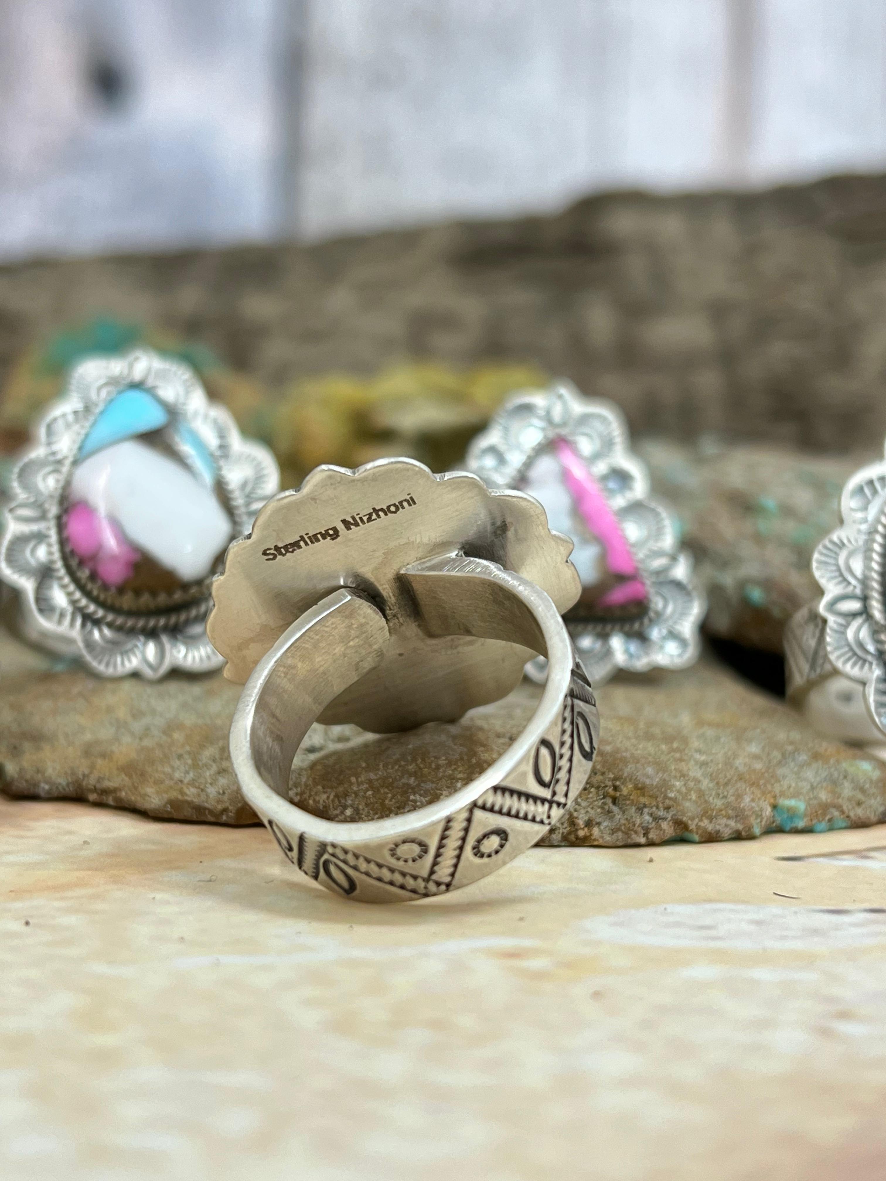 Handmade Sterling Silver Cotton Candy Turquoise Adjustable Ring with Signed Nizhoni