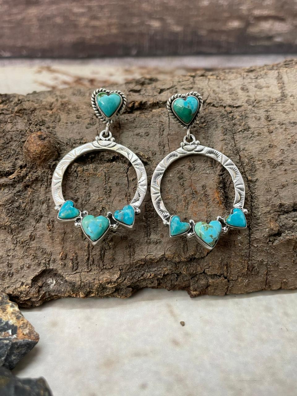 "Heart Collection" Handmade Sterling Silver Kingman Turquoise Post Dangle Hoop Earrings "Signed Nizhoni"