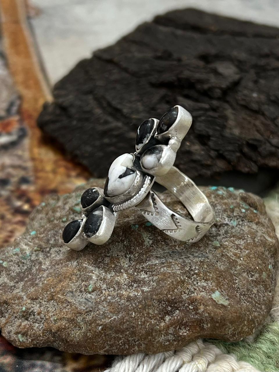 Handmade Sterling Silver White Buffalo Turquoise Adjustable Ring "Signed Nizhoni"