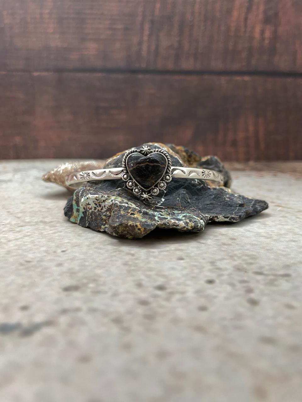 Handmade Sterling Silver Blackjack Turquoise Heart Cuff Bracelet "Signed Nizhoni"