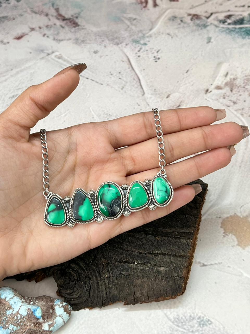 Handmade Sterling Silver Emerald Rose Necklace "Signed Nizhoni"