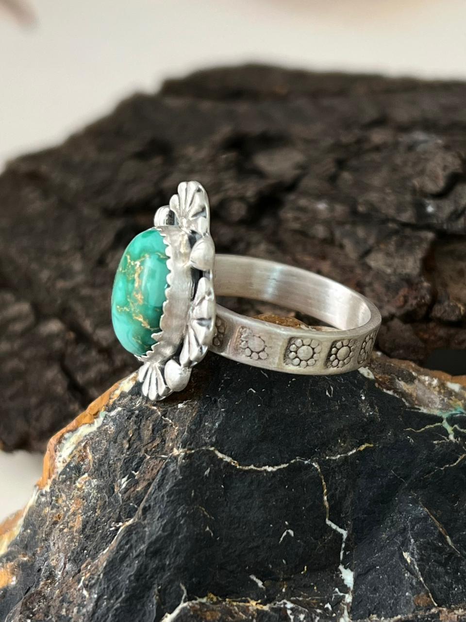 Handmade Sterling Silver Emerald Valley Turquoise Adjustable Ring "Signed Nizhoni"