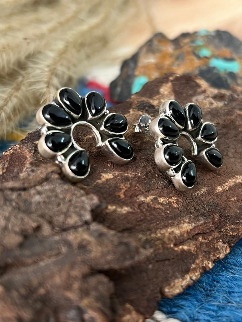 Handmade Sterling Silver Black Onyx Naja Post Studs Earrings "Signed Nizhoni"