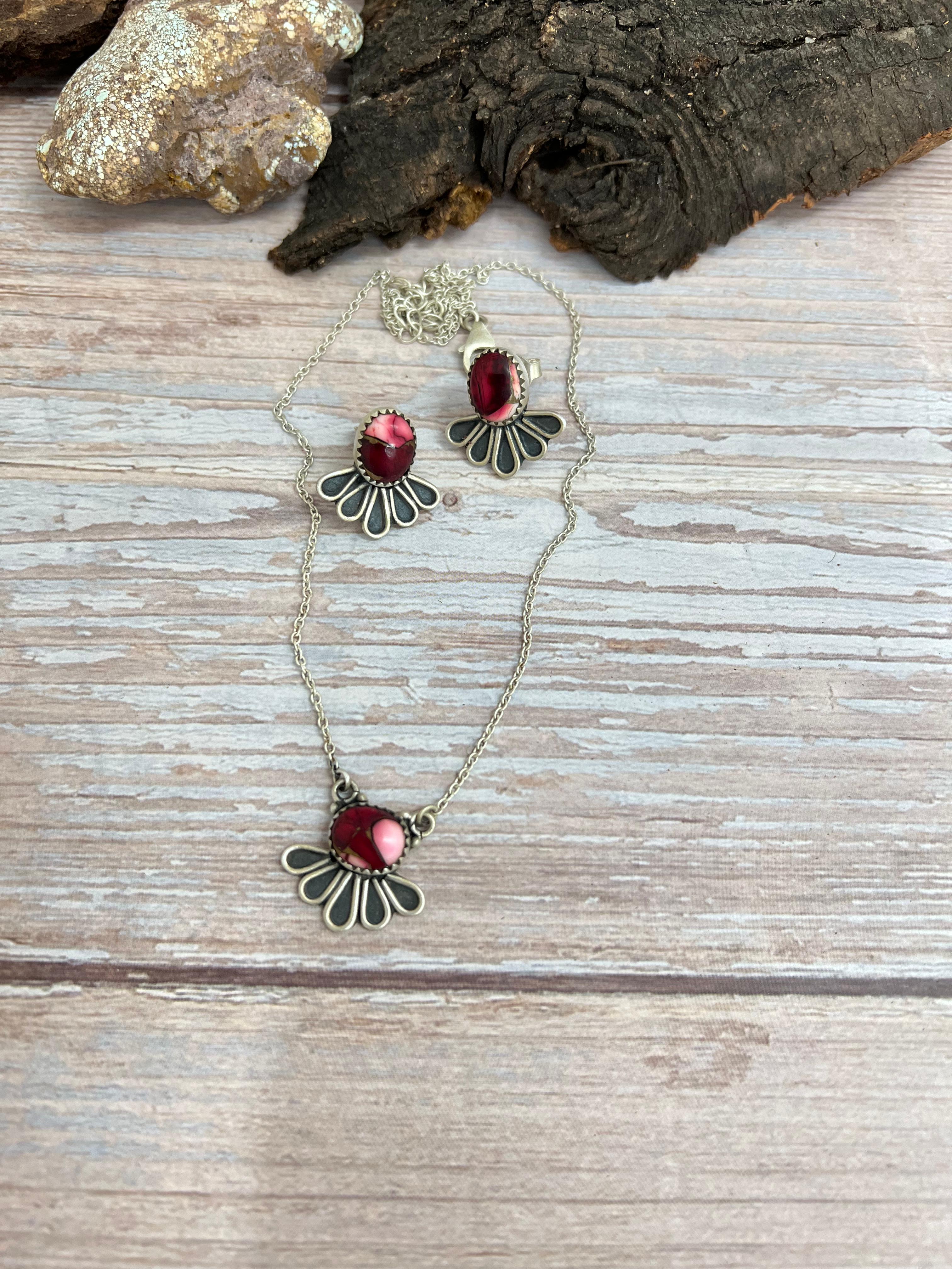 Handmade Sterling Silver Dahlia Rose Necklace Earrings Set, Signed Nizhoni