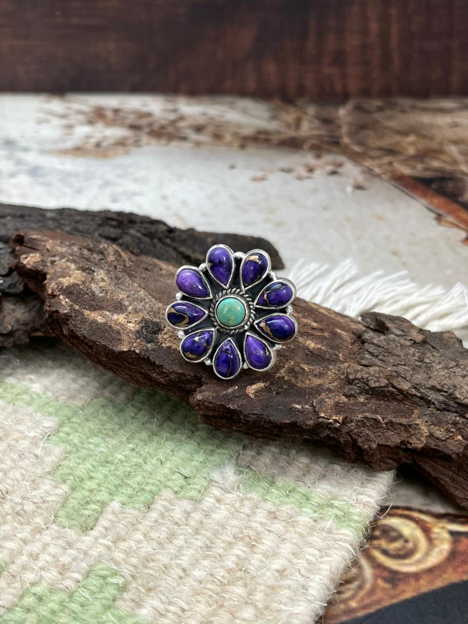 Handmade Sterling Silver Grape Dahlia with Kingman Turquoise Adjustable Ring "Signed Nizhoni"