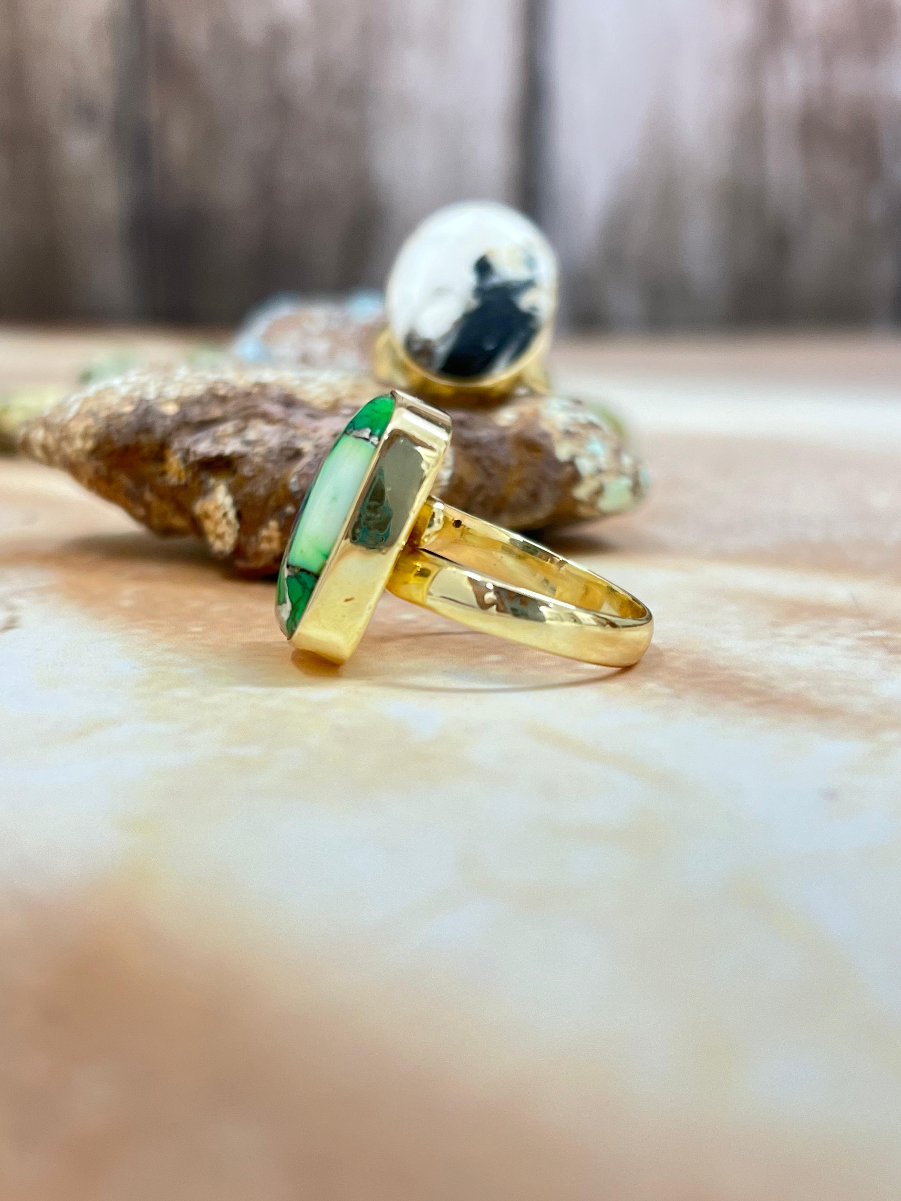 “The Golden Collection” Natural White Buffalo, Peacock Dahlia Single Stone Adjustable Ring