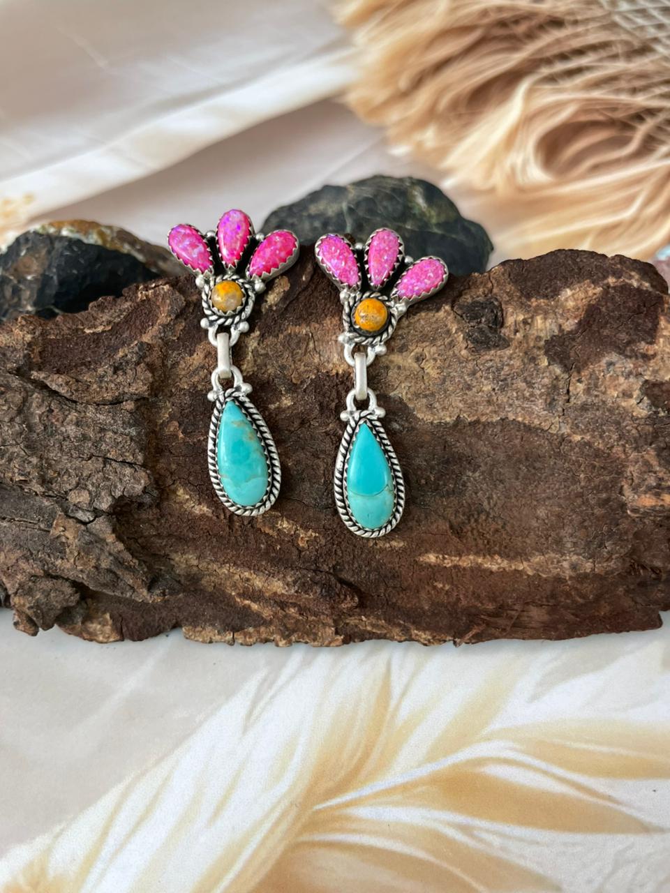 Handmade Sterling Silver Spring Collection: Hot Pink with Bumblebee and Kingman Post Dangle Earrings "Signed Nizhoni"
