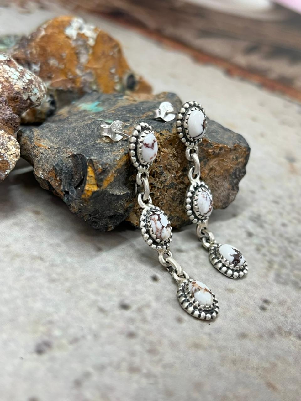 Handmade Sterling Silver Wildhorse Magnesite Post Dangle Earrings "Signed Nizhoni"