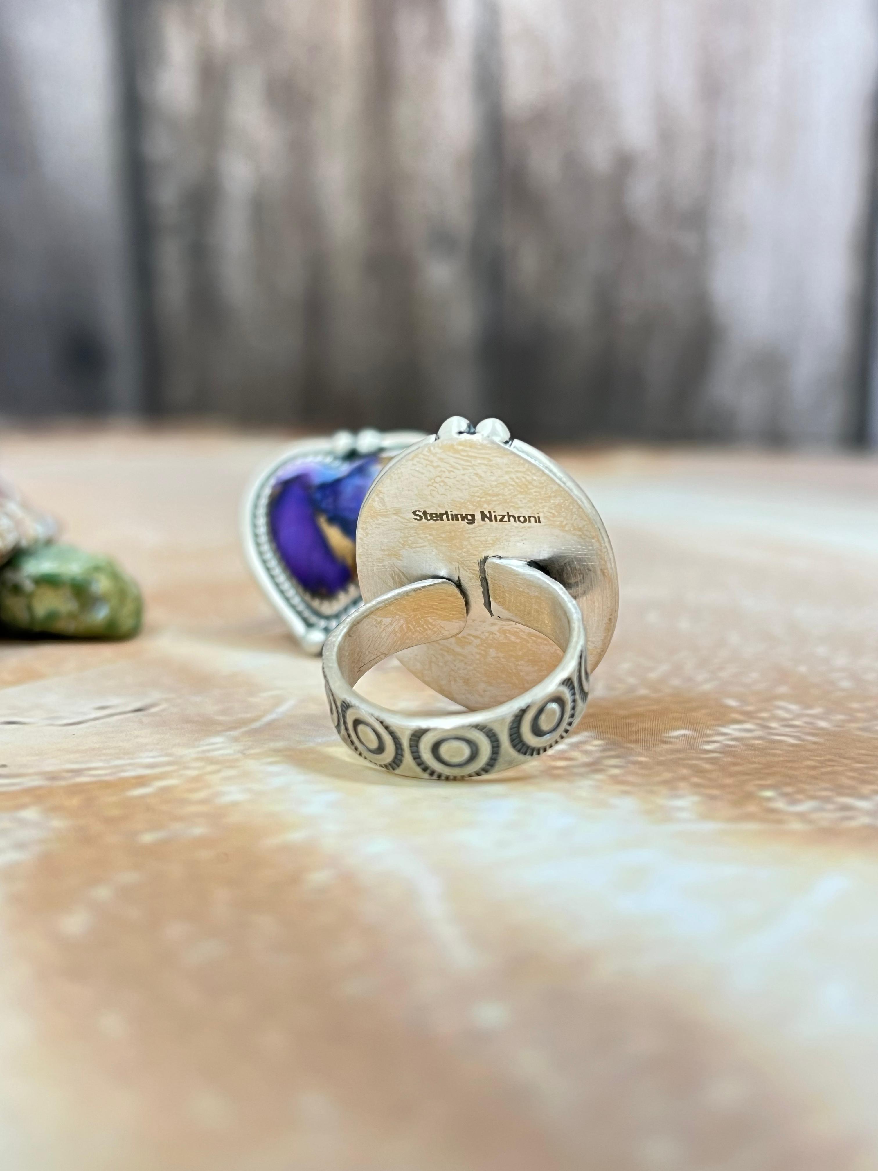 Handmade Sterling Silver Purple Ice Rose Dahlia with Dahlia Rose Adjustable Ring, Signed Nizhoni