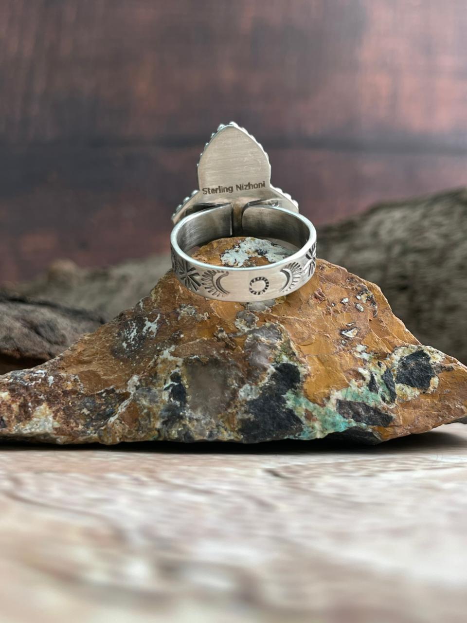 Handmade Sterling Silver Kingman Turquoise Adjustable Ring "Signed Nizhoni"
