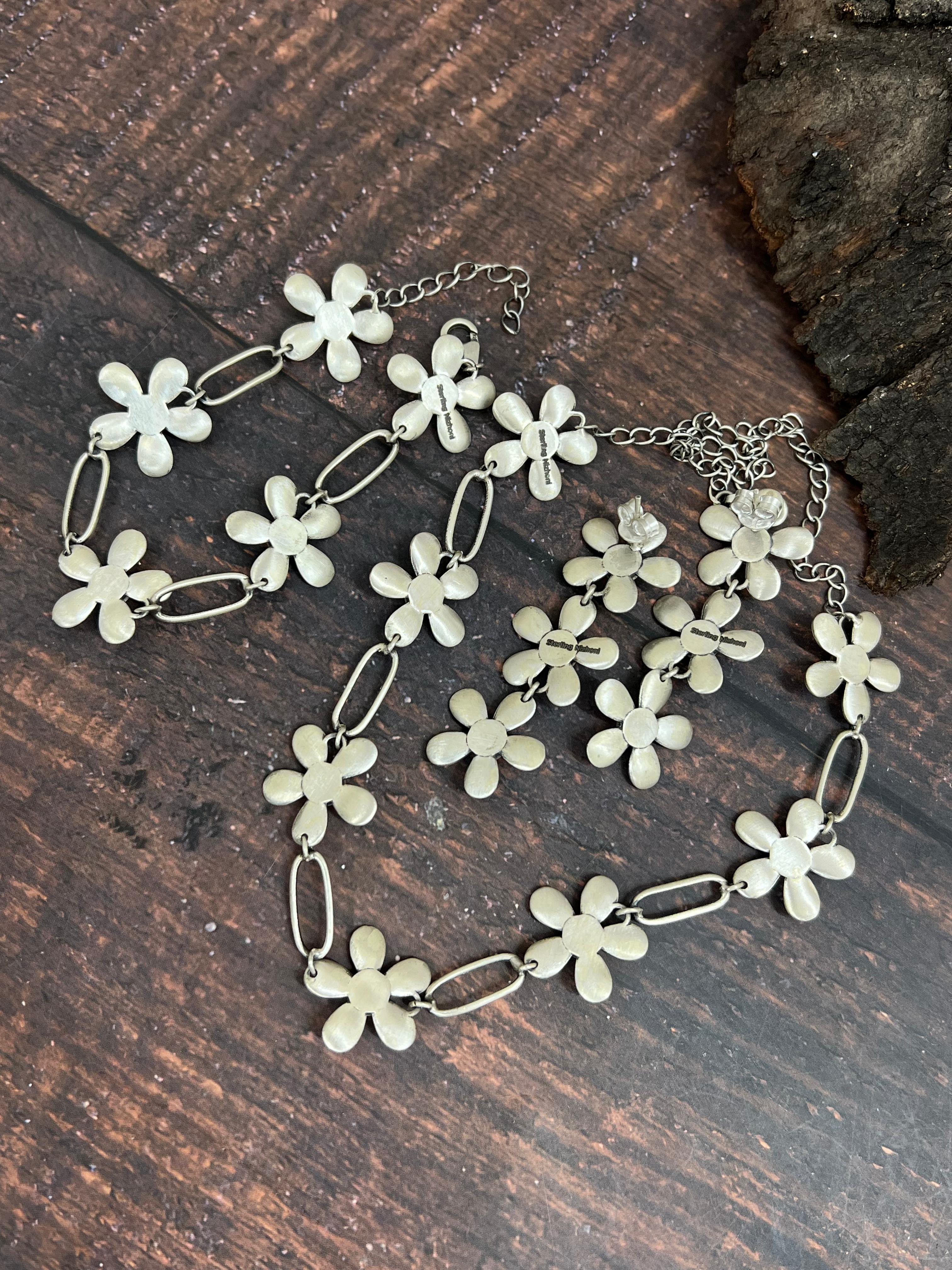 Handmade Sterling Silver Pink Dream Mojave Daisy Necklace Earrings & Bracelet Set with Signed Nizhoni