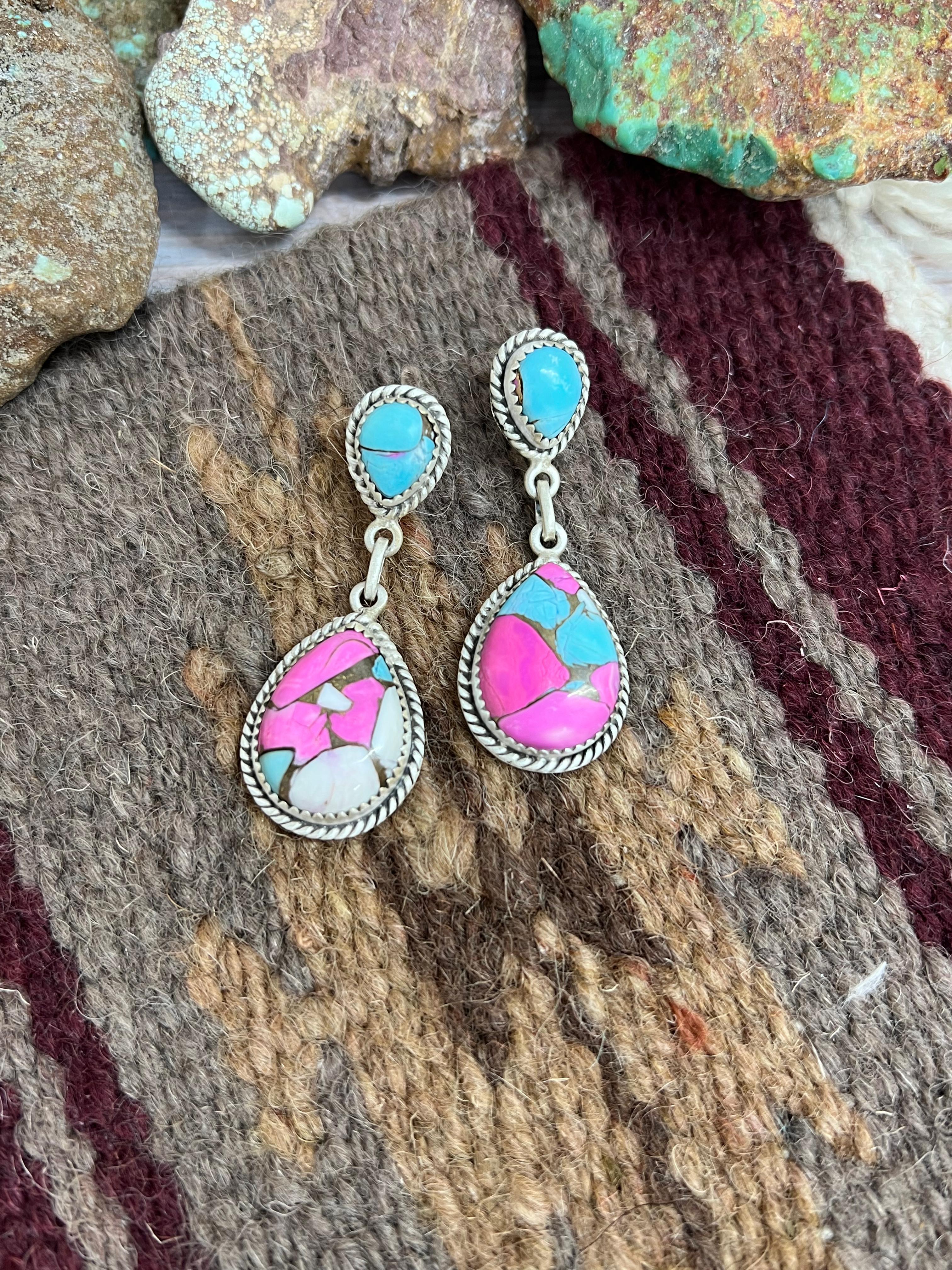Handmade Sterling Silver Cotton Candy Turquoise Post Dangle Earrings with Signed Nizhoni