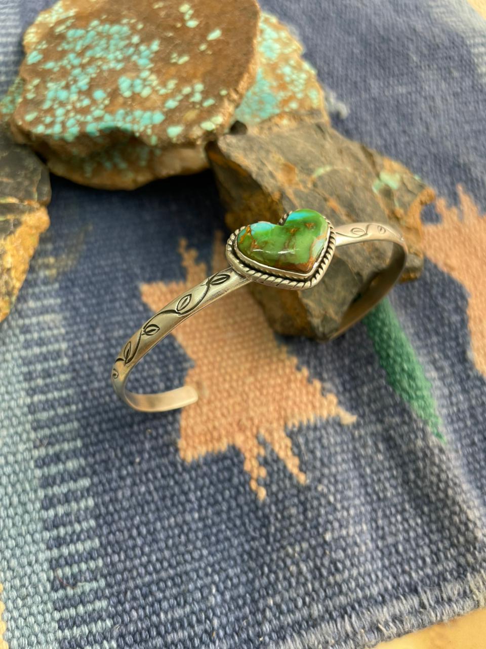 Handmade Sterling Silver Sonoran Mountain Turquoise Heart Cuff Bracelet "Signed Nizhoni"