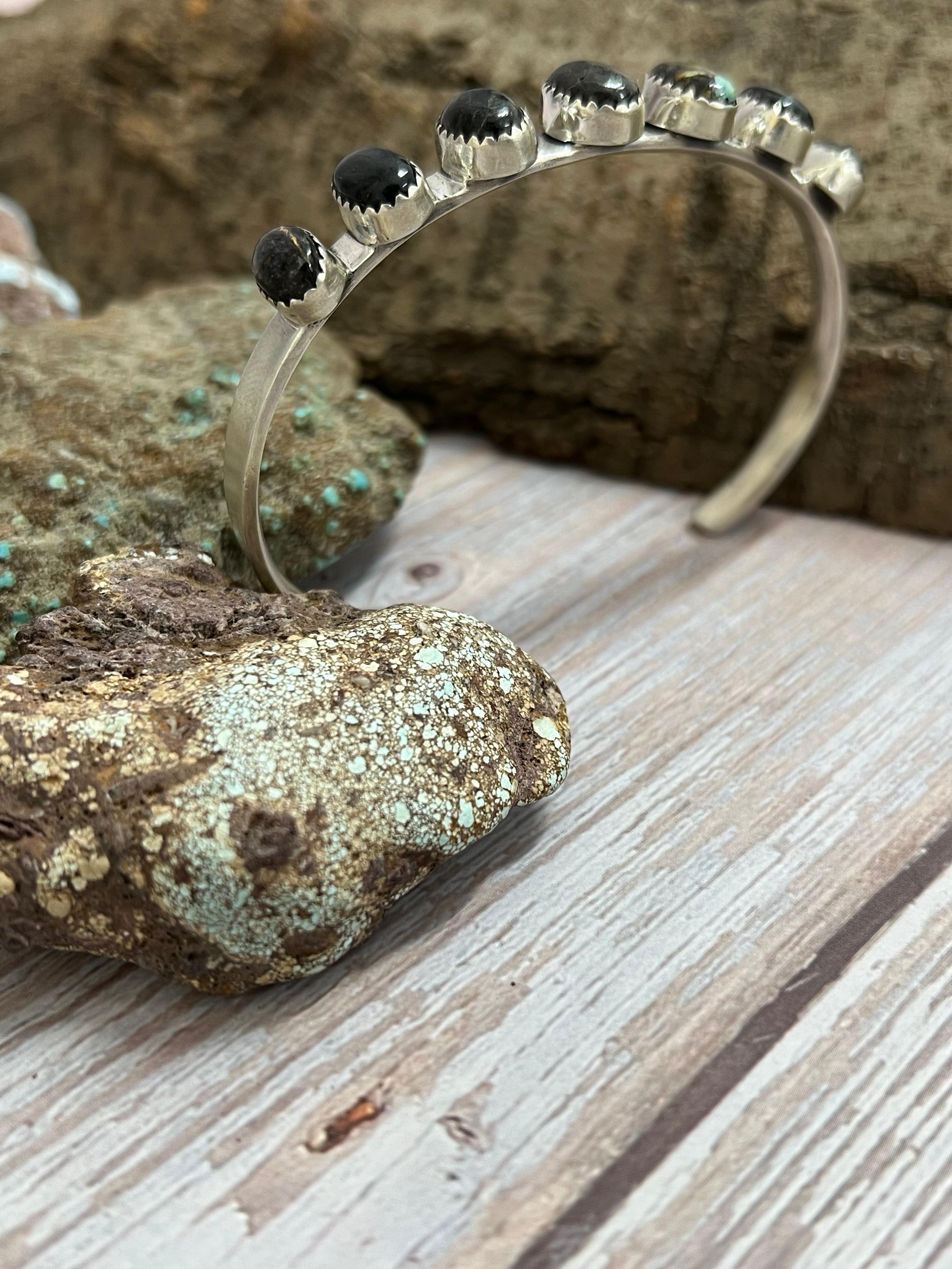 Handmade Sterling Silver Black Jack Cuff Bracelet with Signed Nizhoni