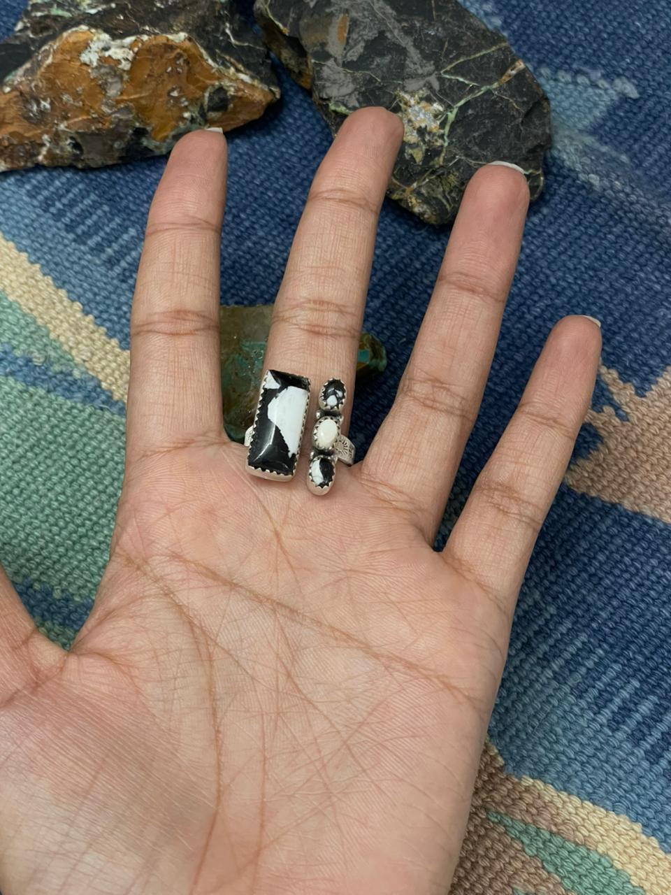 Handmade Sterling Silver White Buffalo Turquoise Adjustable Ring " Signed Nizhoni"