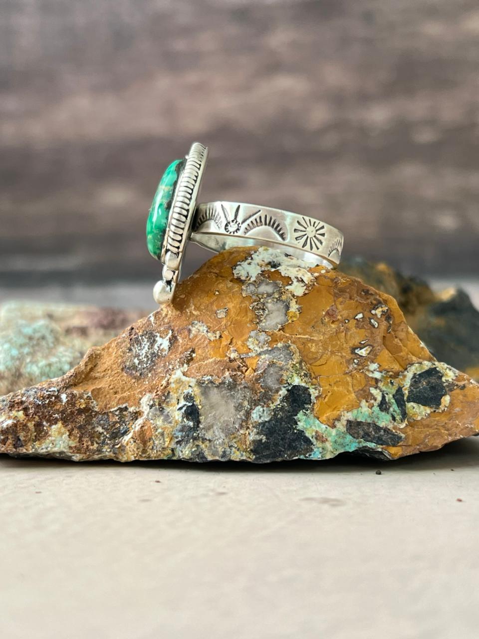 Handmade Sterling Silver Emerald Valley Turquoise Adjustable Ring "Signed Nizhoni"