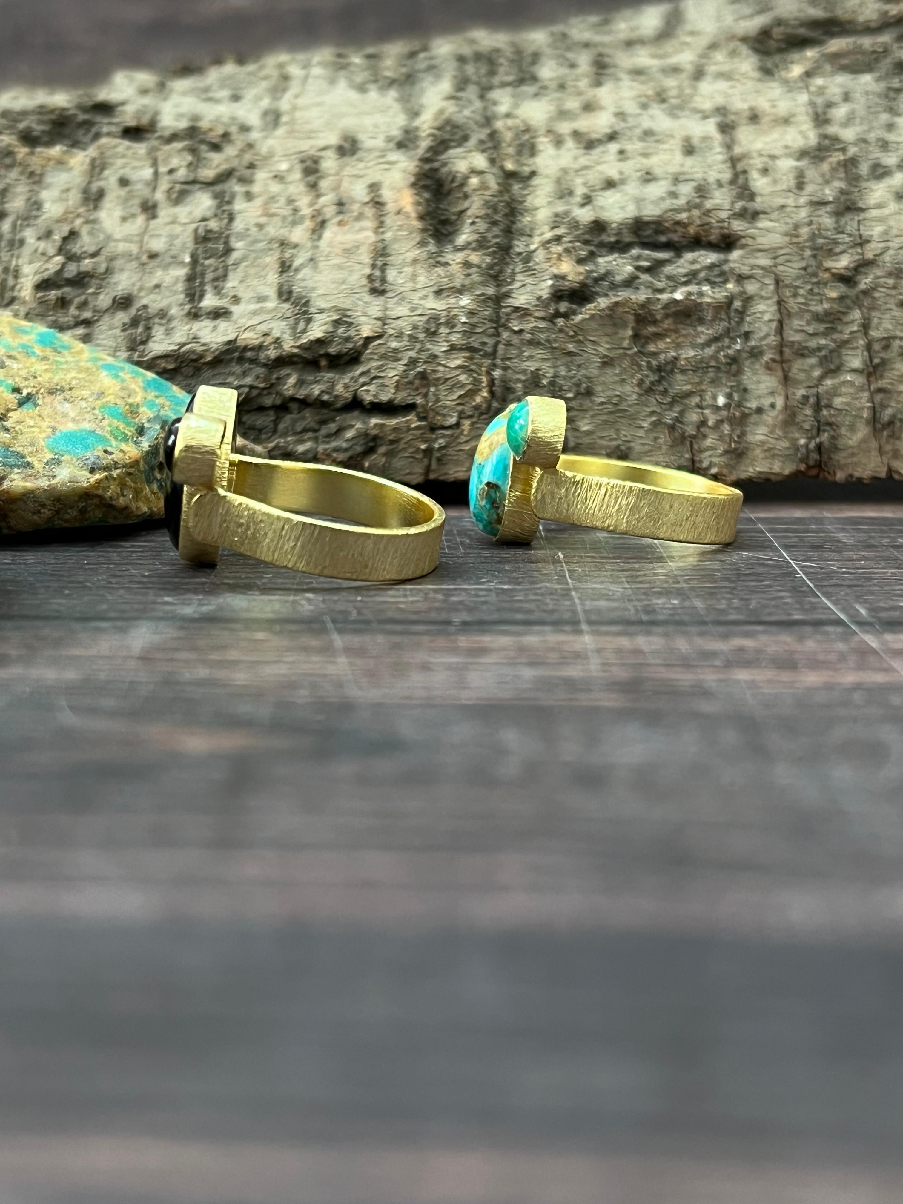 “The Golden Collection” Natural Kingman Turquoise, Black Onyx Adjustable Tear Dot Ring