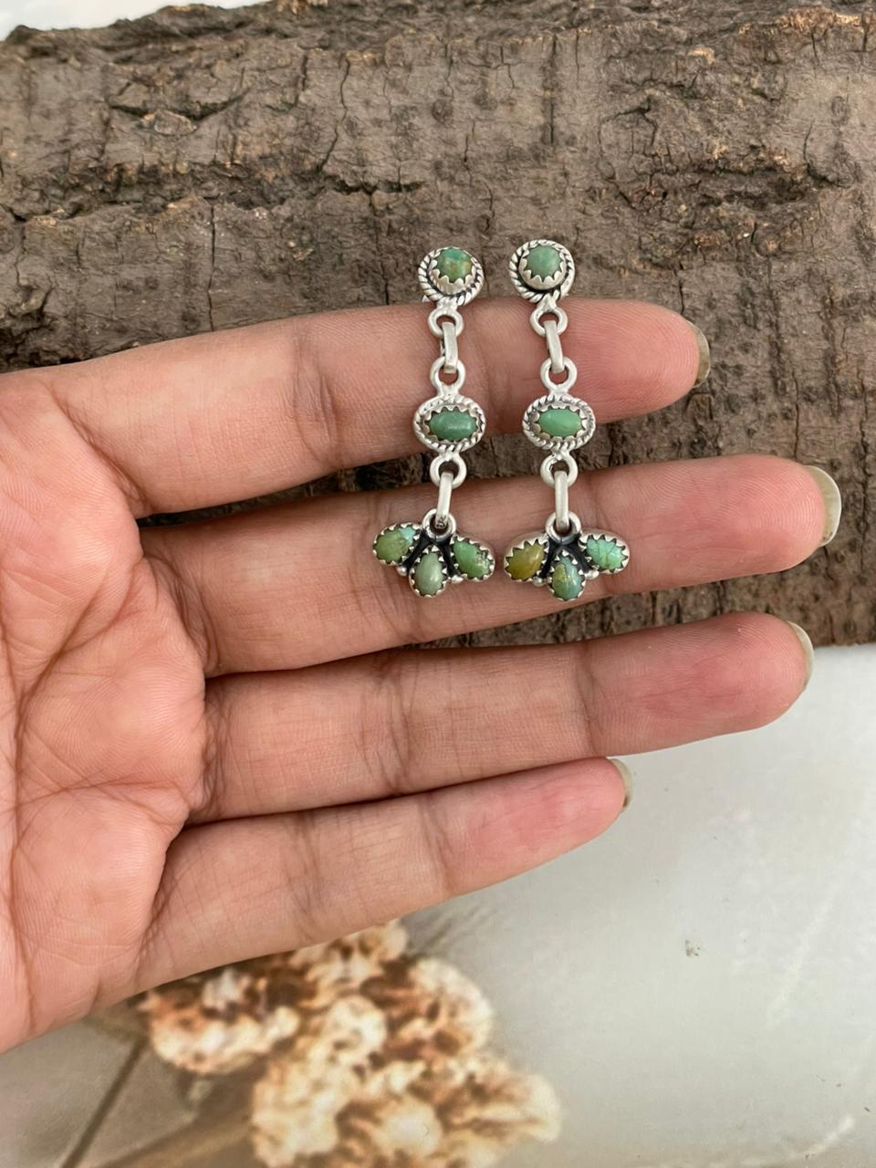 Handmade Sterling Silver Kingman Turquoise Post Dangle Earrings "Signed Nizhoni"