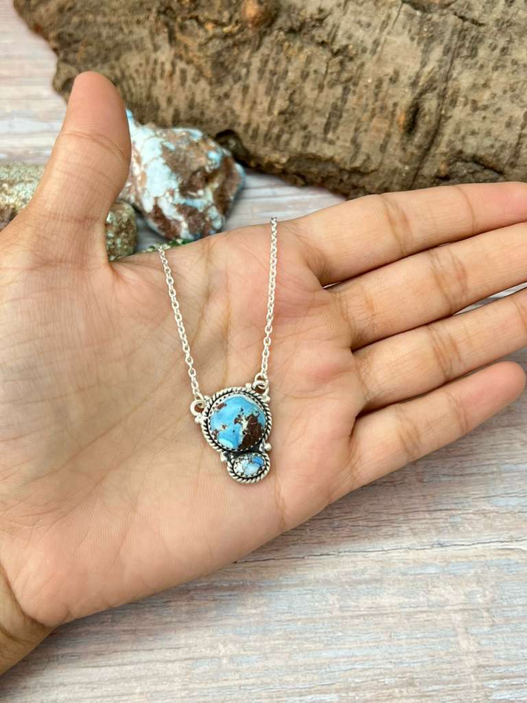 Handmade Sterling Silver Golden Hills Turquoise Necklace with Signed Nizhoni