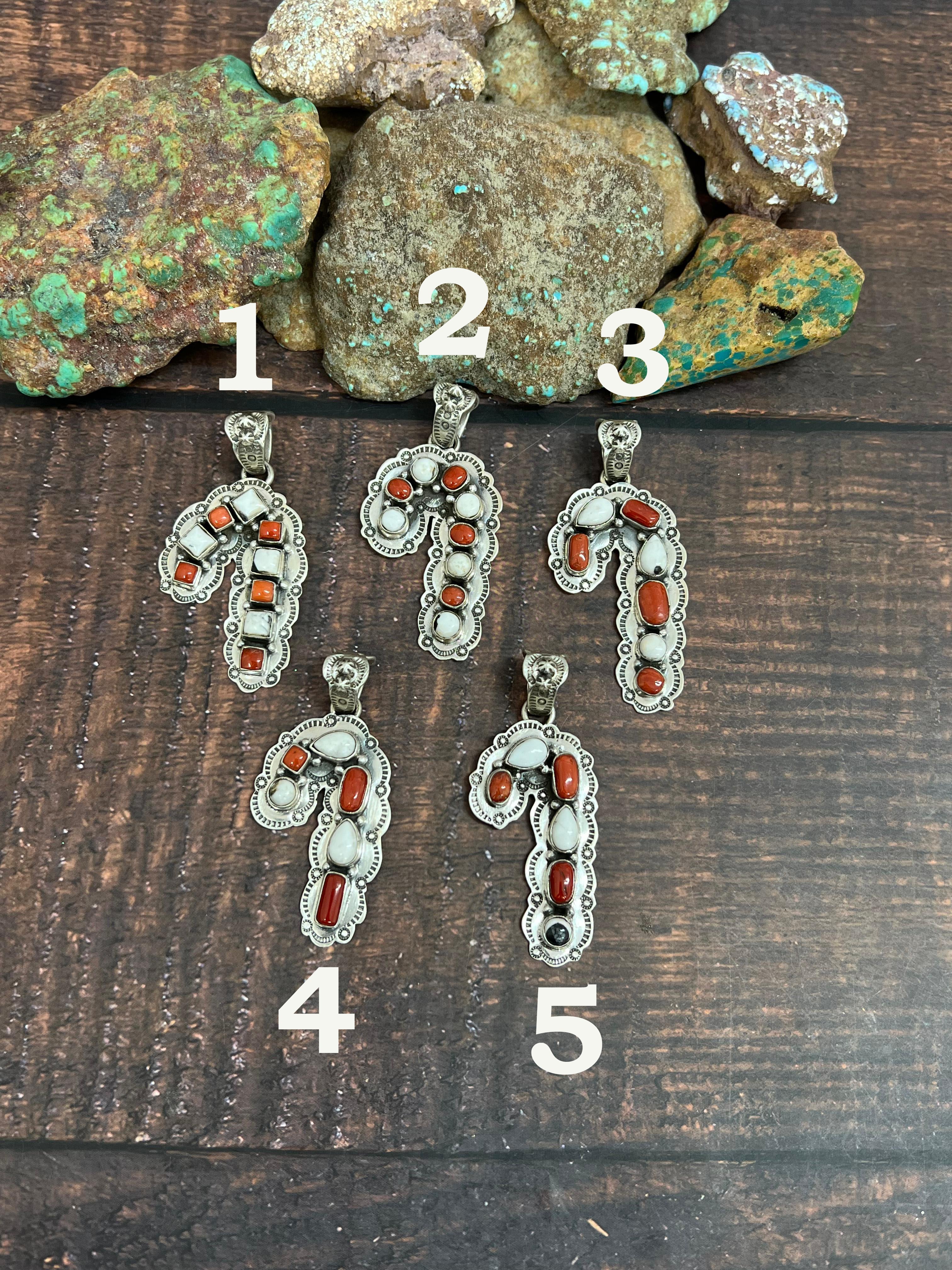 Handmade Sterling Silver Coral with White Buffalo Turquoise Pendant, Signed Nizhoni