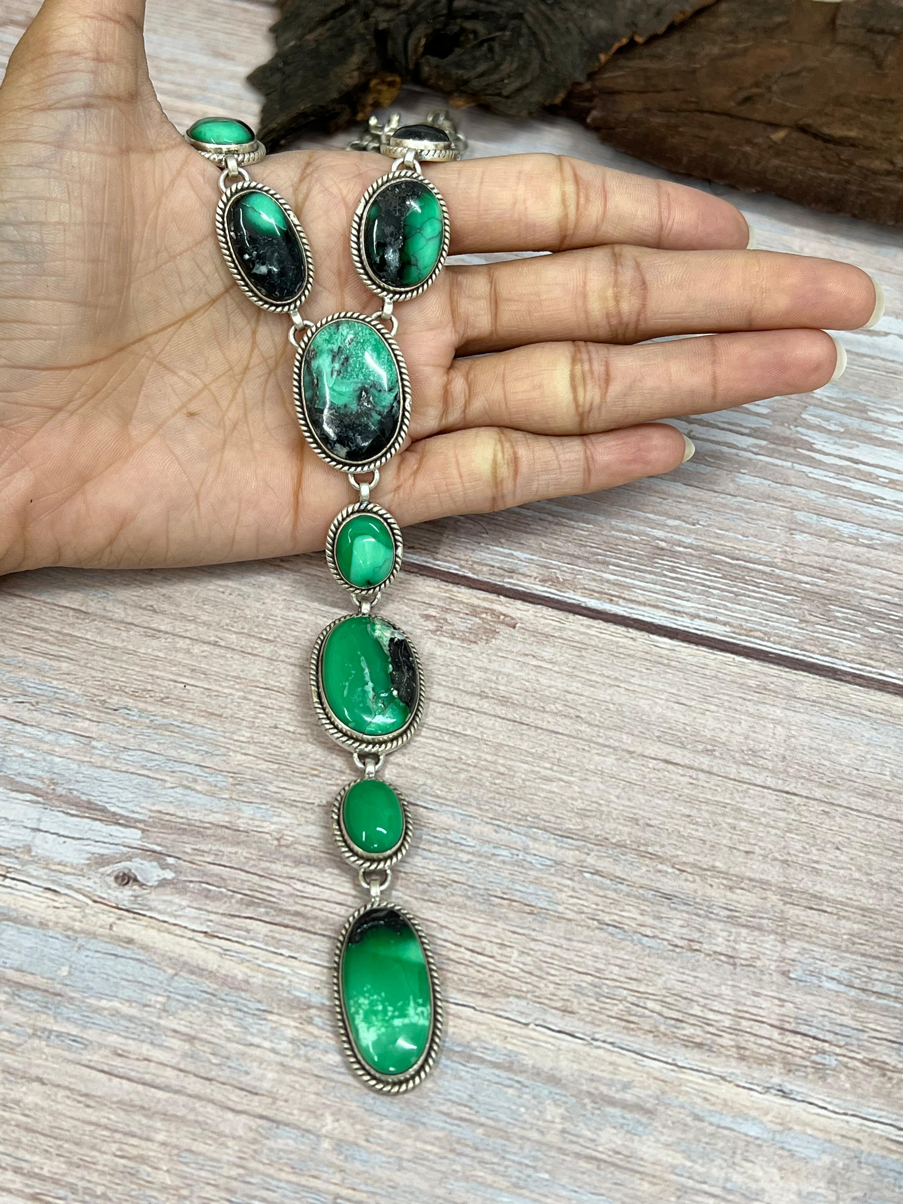 Handmade Sterling Silver Emerald Rose Necklace with Signed Nizhoni