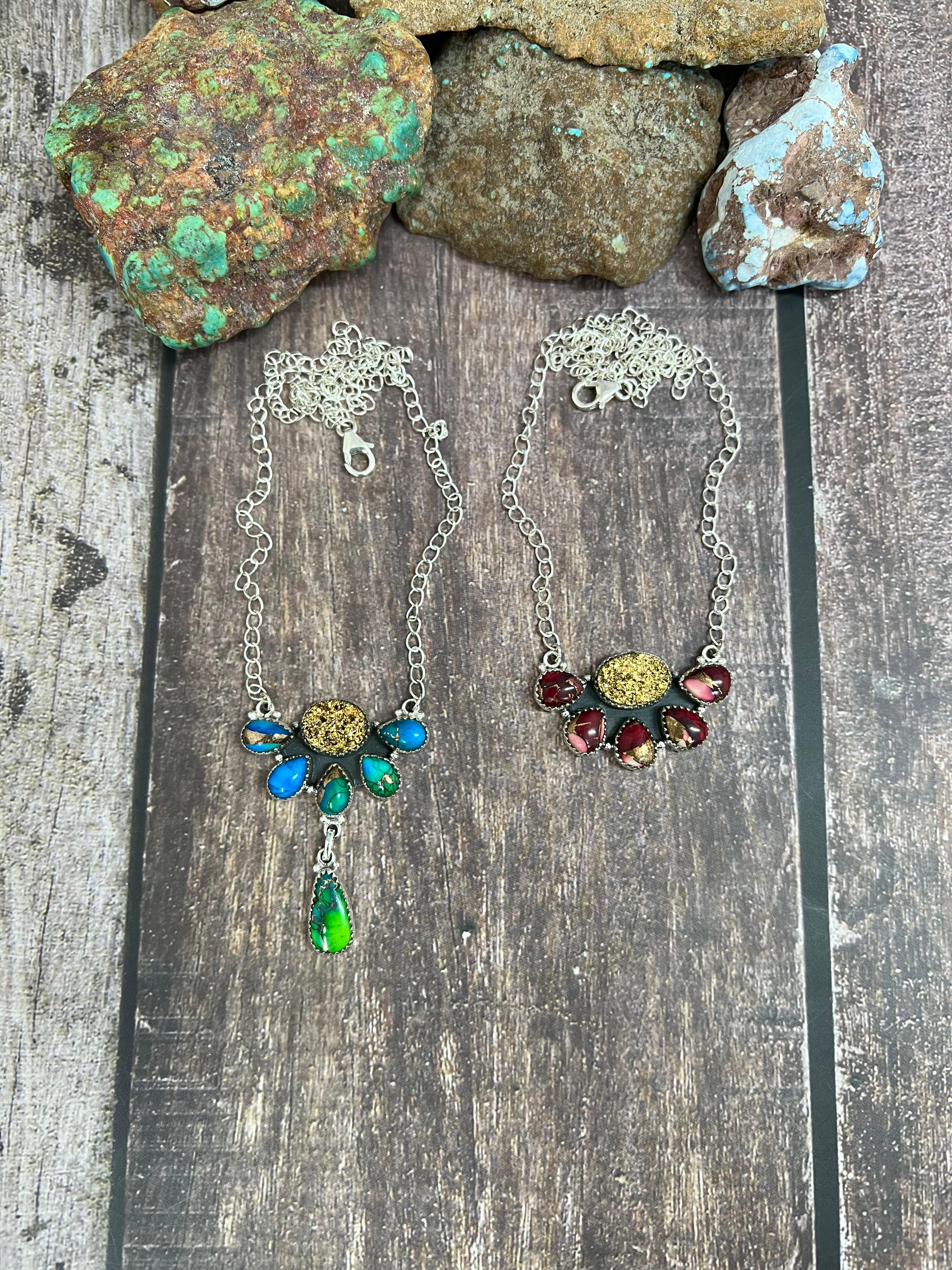 Handmade Sterling Silver Dahlia Rose with Druzy, Peacock Dahlia with Druzy Necklace with Signed Nizhoni